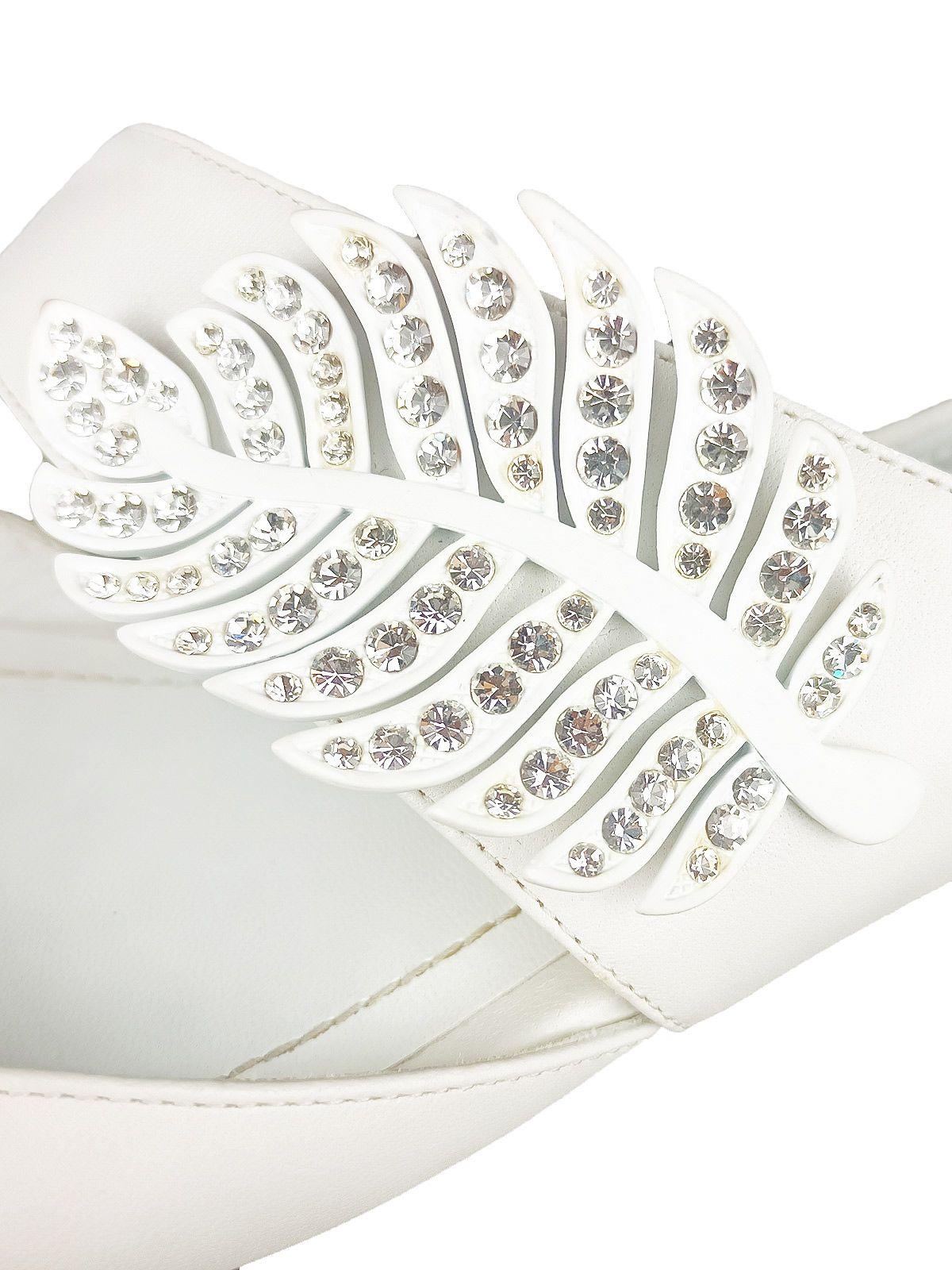 White leather & crystal Monstera flat mules
