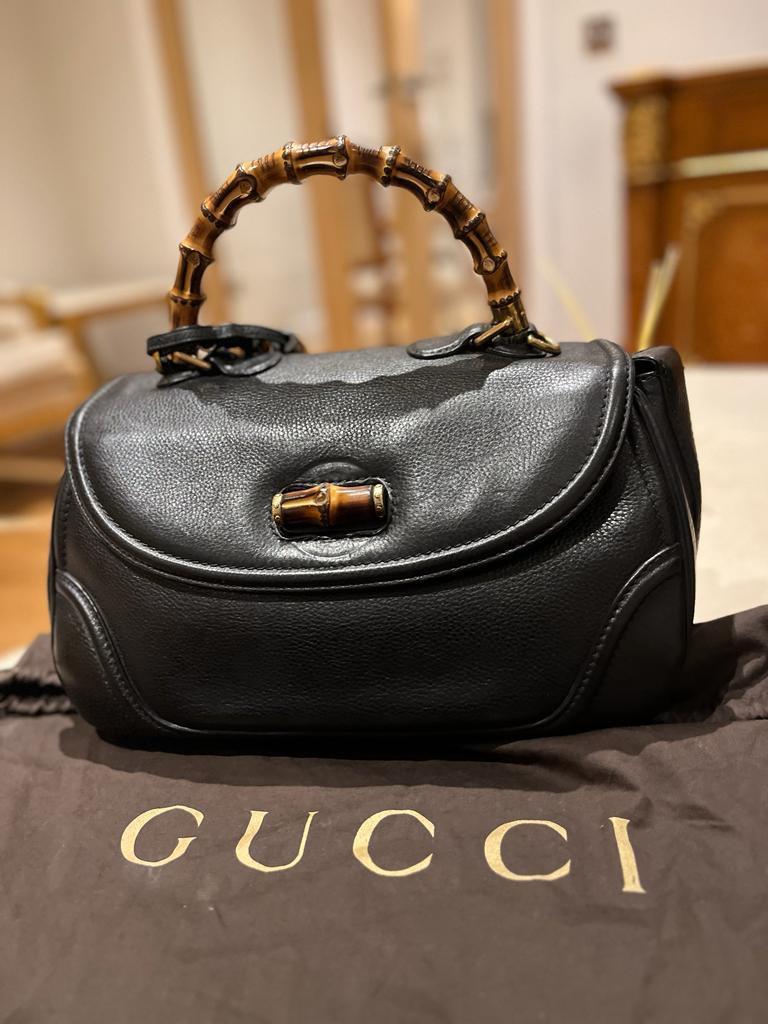 Black Leather Bamboo Top Handle Bag