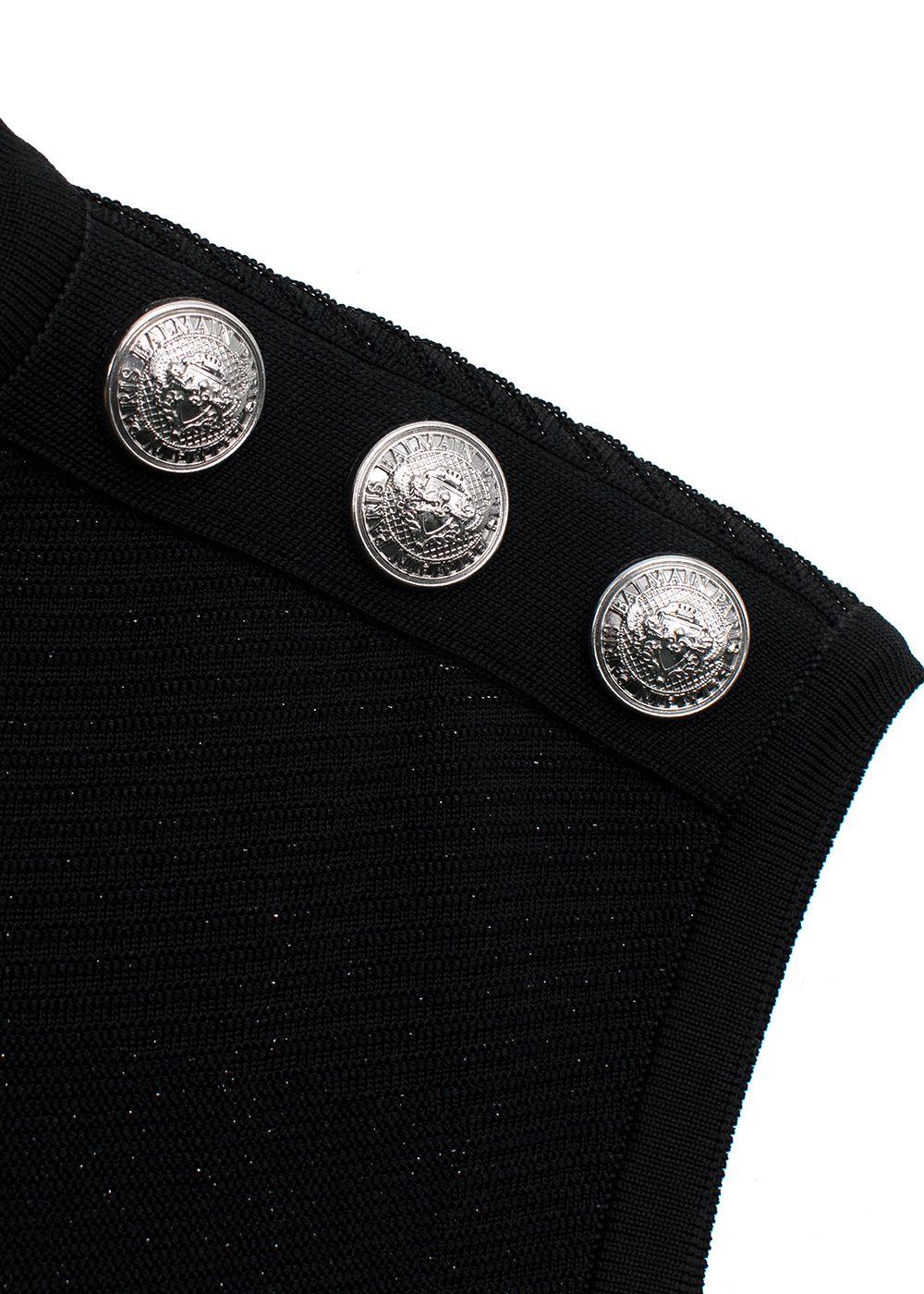 Balmain Black Metallic Ribbed Midi Dress with Silver Button Detail