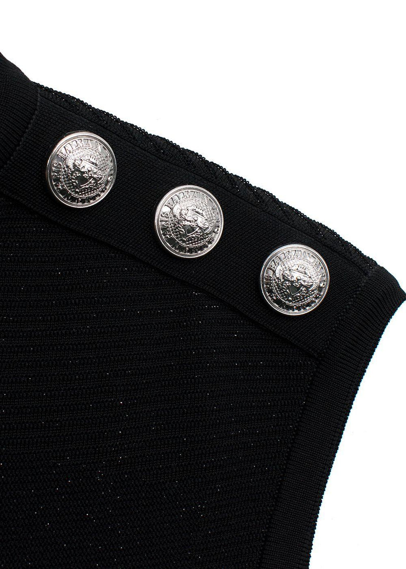 Balmain Black Metallic Ribbed Midi Dress with Silver Button Detail