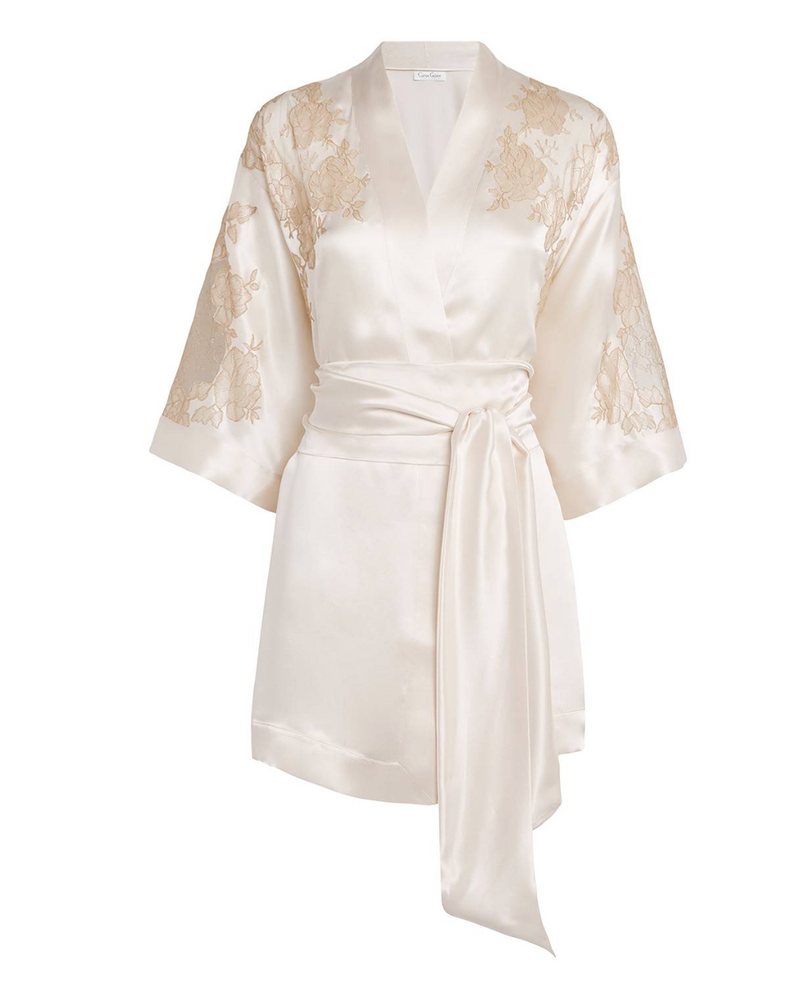 Carine Gilson Silk Lace-Trim Short Kimono Robe