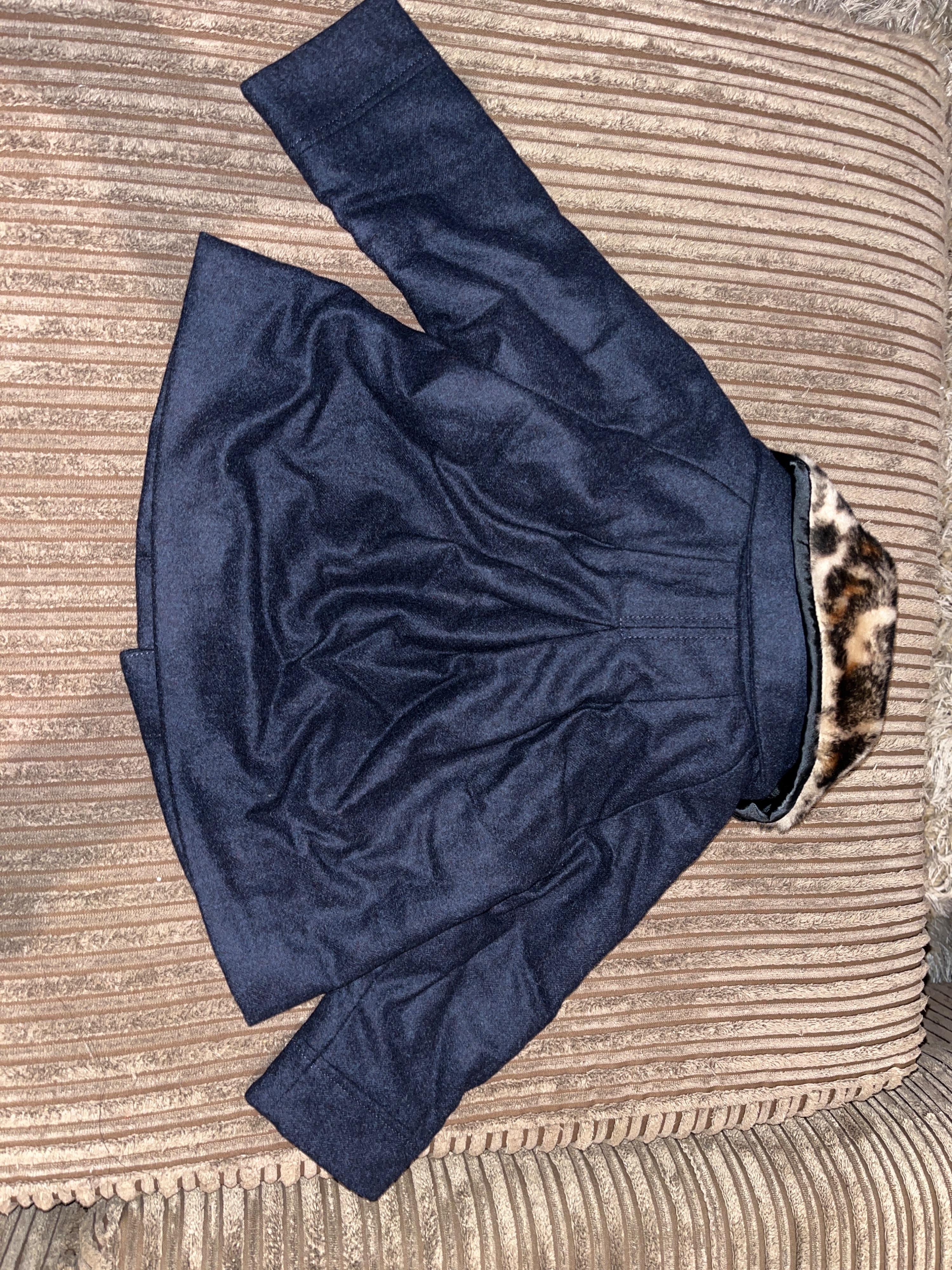 Navy wool faux leopard collar coat