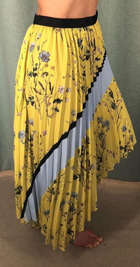 Self Portrait Yellow Asymmetric Pleated Floral Skirt