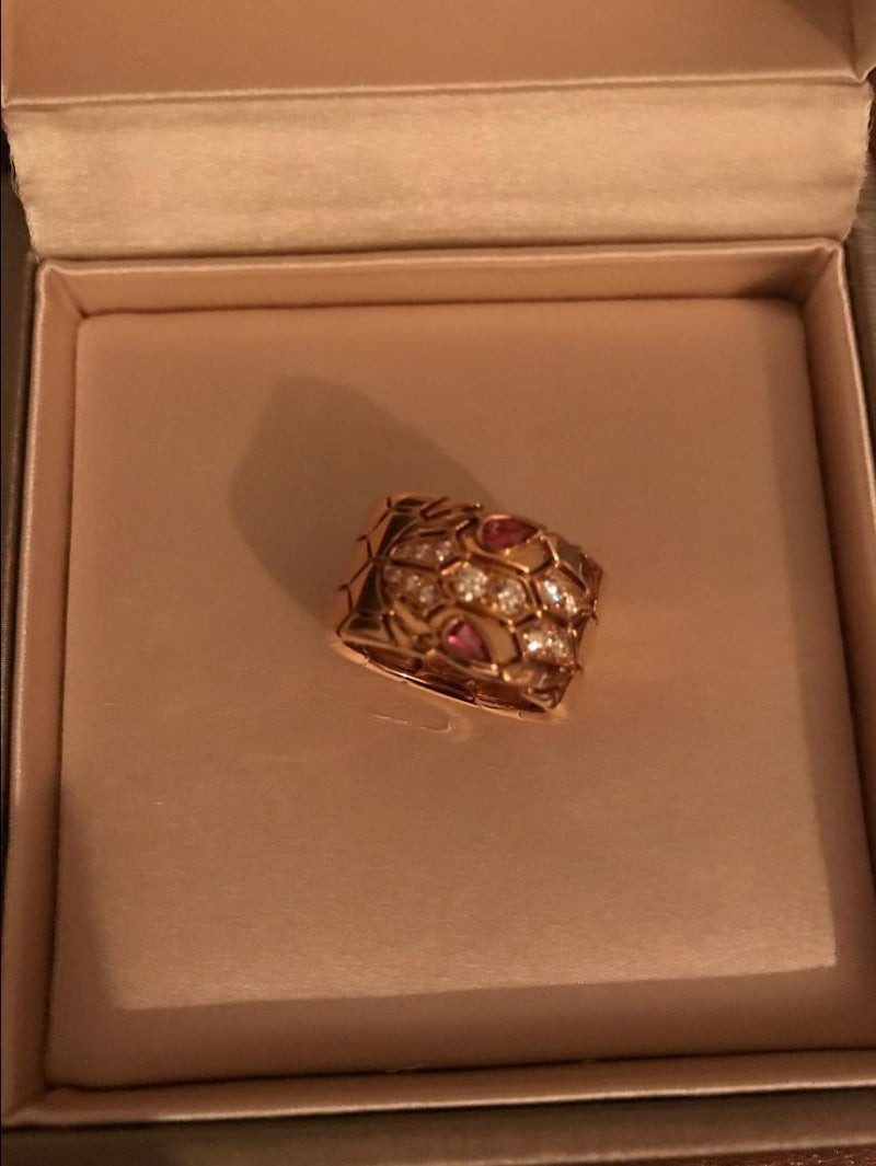 Bvlgari Serpenti diamond & rubellite 18k Rose Gold Ring - Size 53