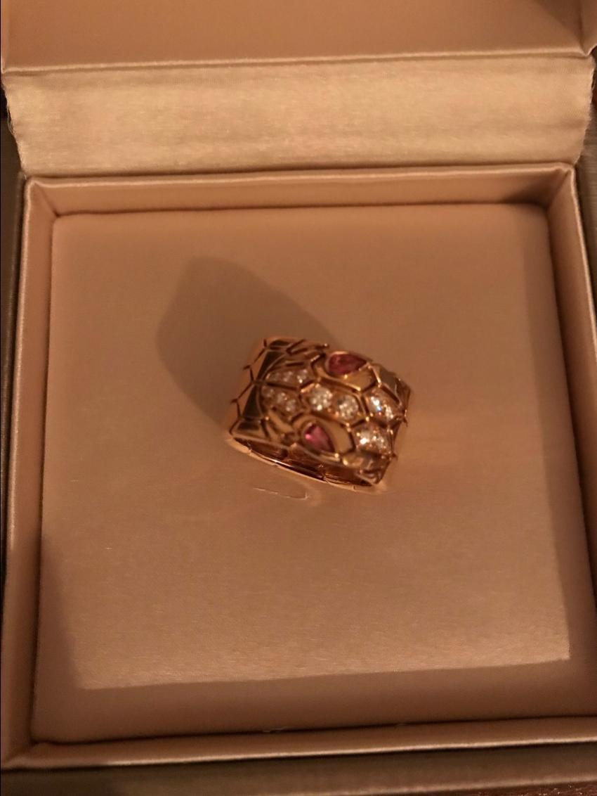 Bvlgari Serpenti diamond & rubellite 18k Rose Gold Ring - Size 53