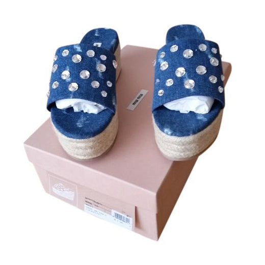 Miu Miu Crystal Embellished Distressed Denim Platform Mules