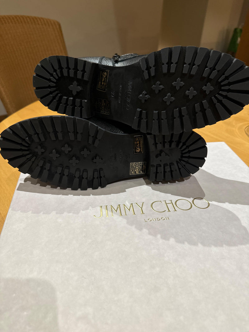 Crystal Embellished Buckle Black Leather Combat Boots