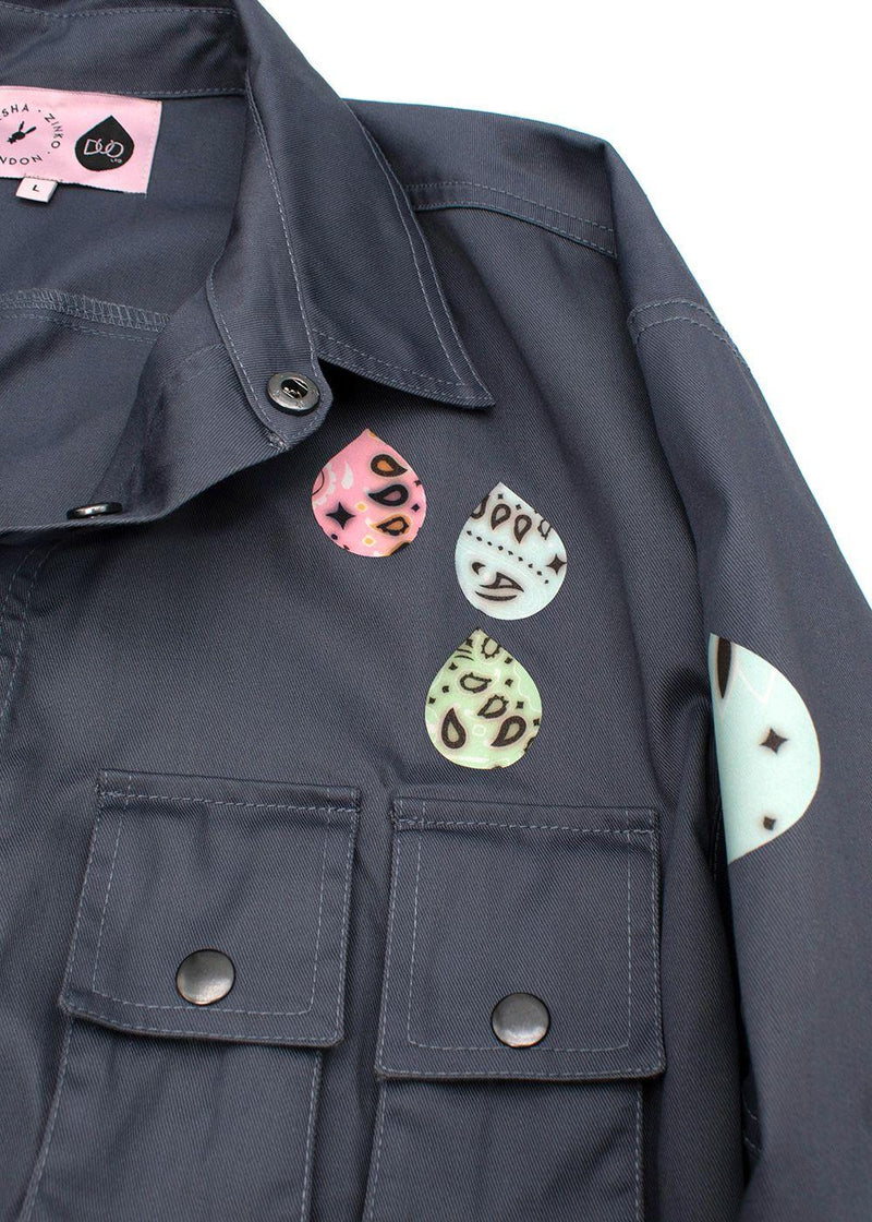 Blue-grey cotton twill printed boilersuit