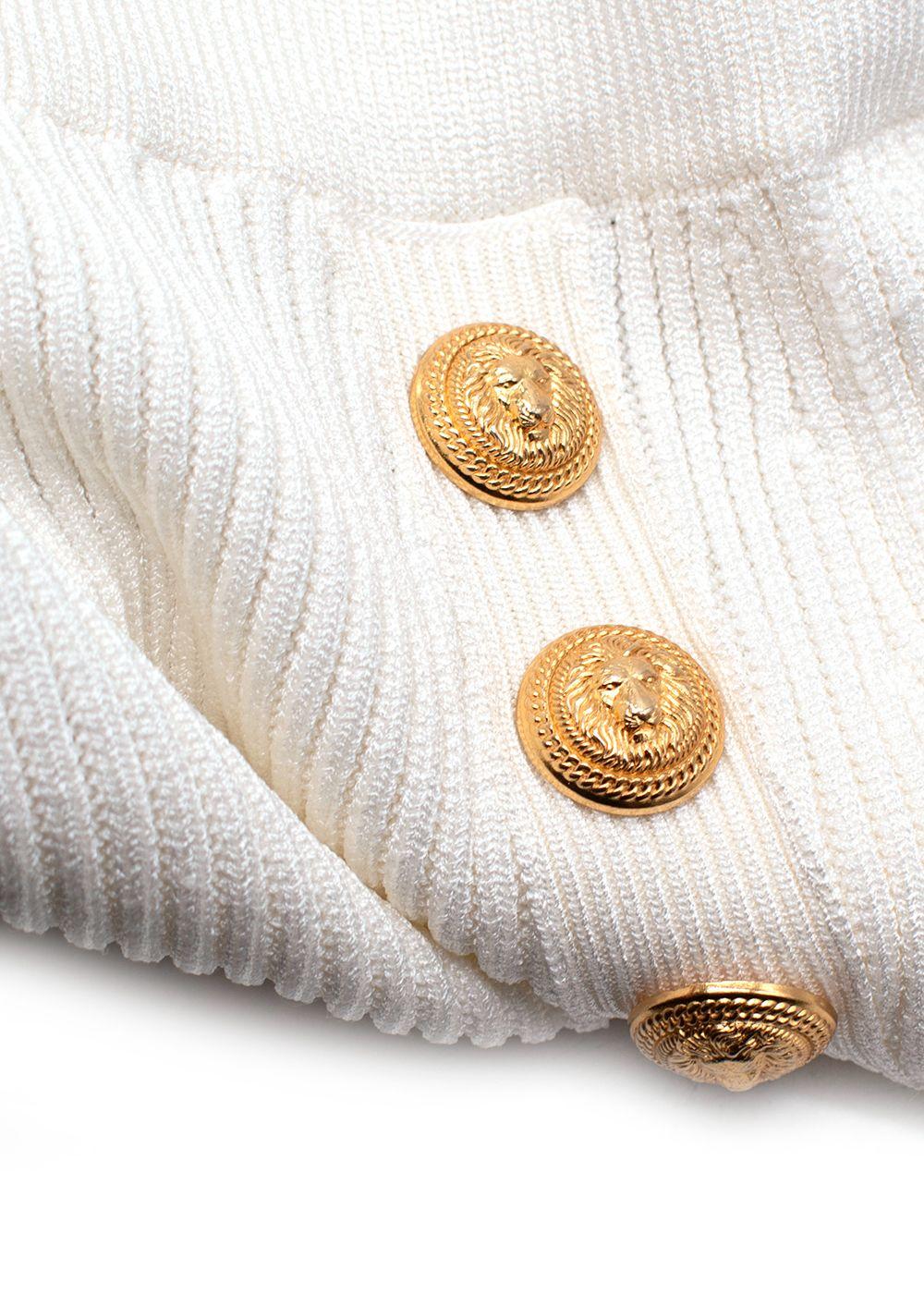 Balmain Cream Ribbed Knit Mini Skirt with Gold Button Detail