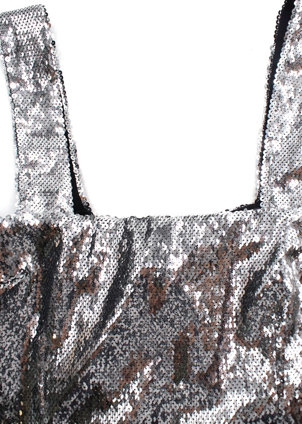Galvan Silver Sequin Square Neckline Midi Dress