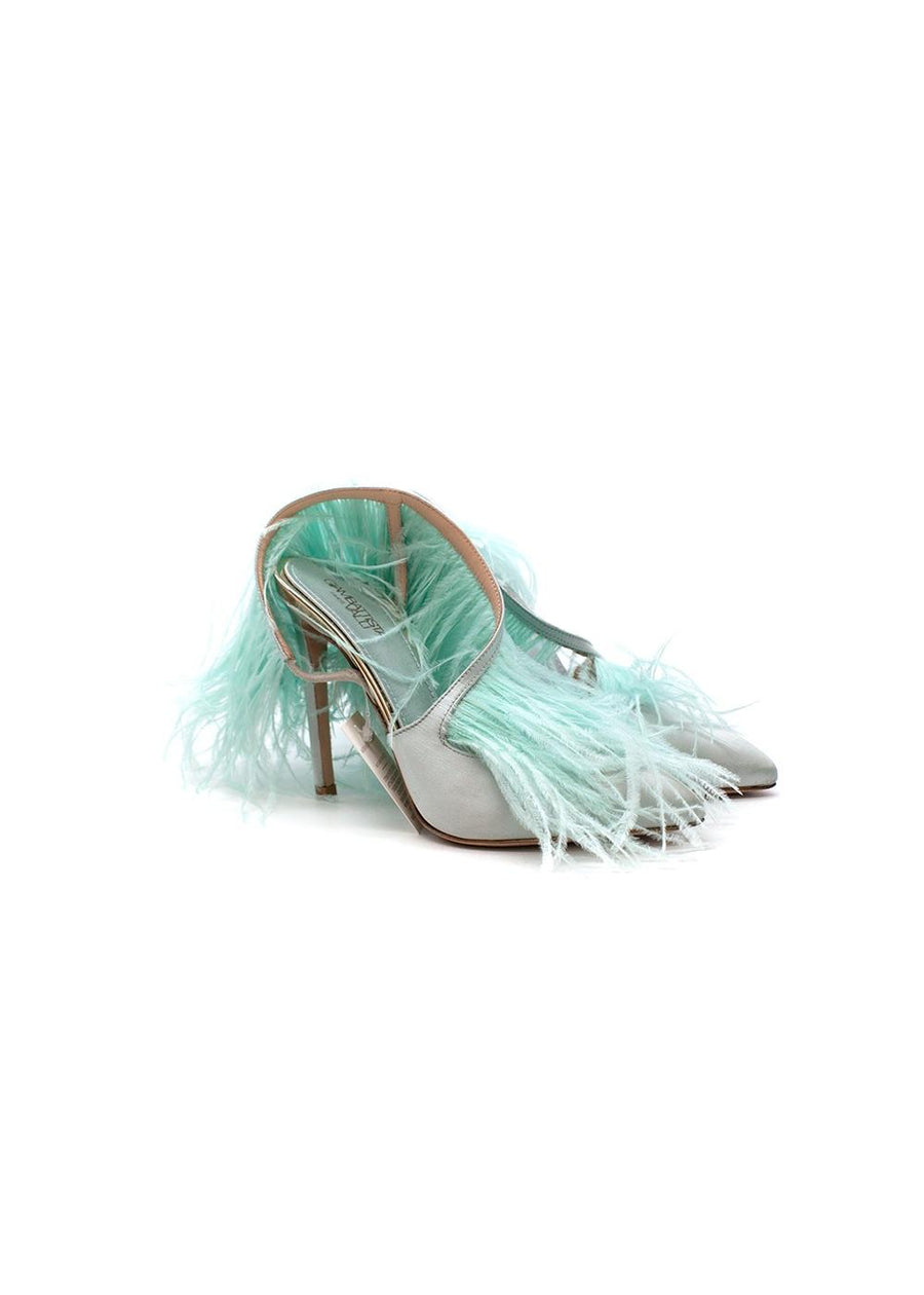 Green Ostrich Feather Satin Slingbacks