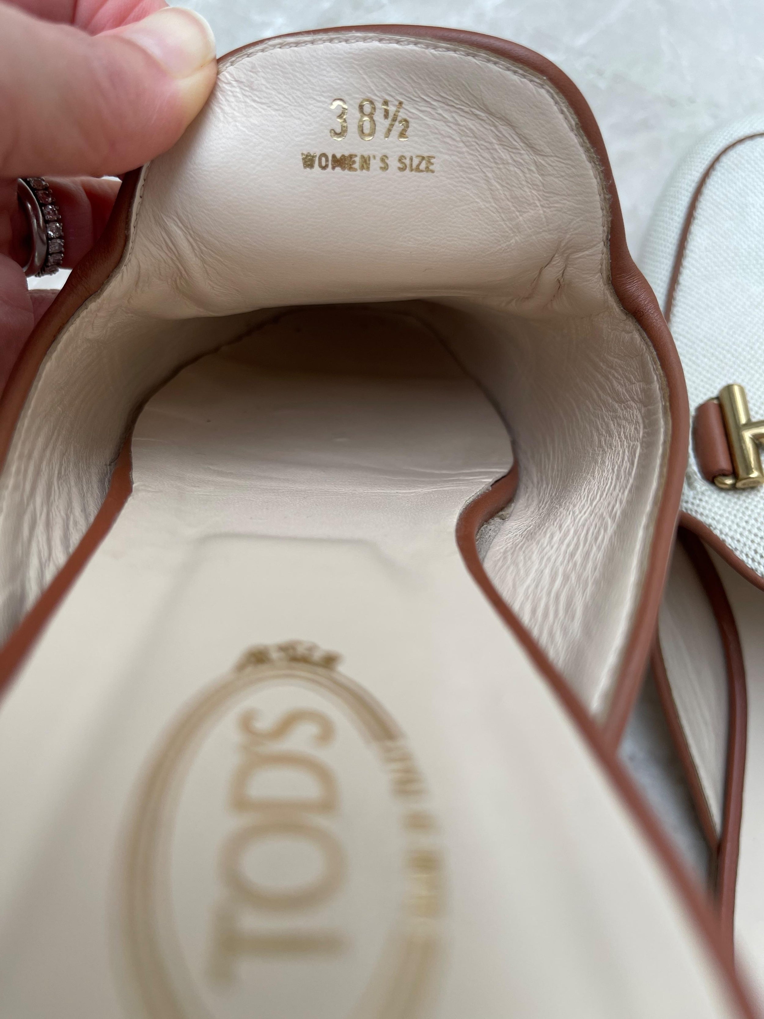 Ivory Canvas & Tan Leather Backless Loafers