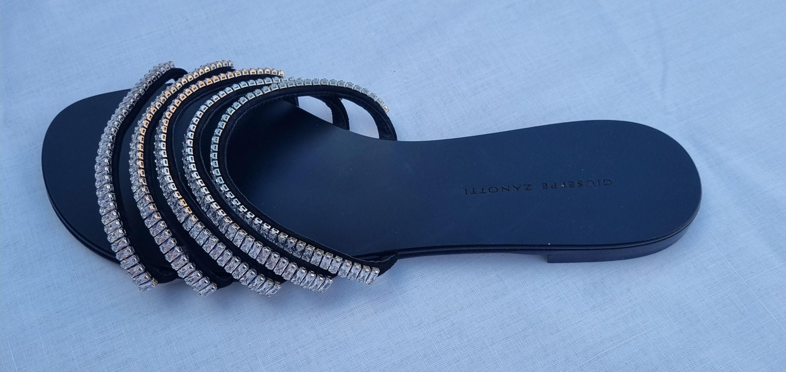 Black Crystal Embellished Flat Sandals