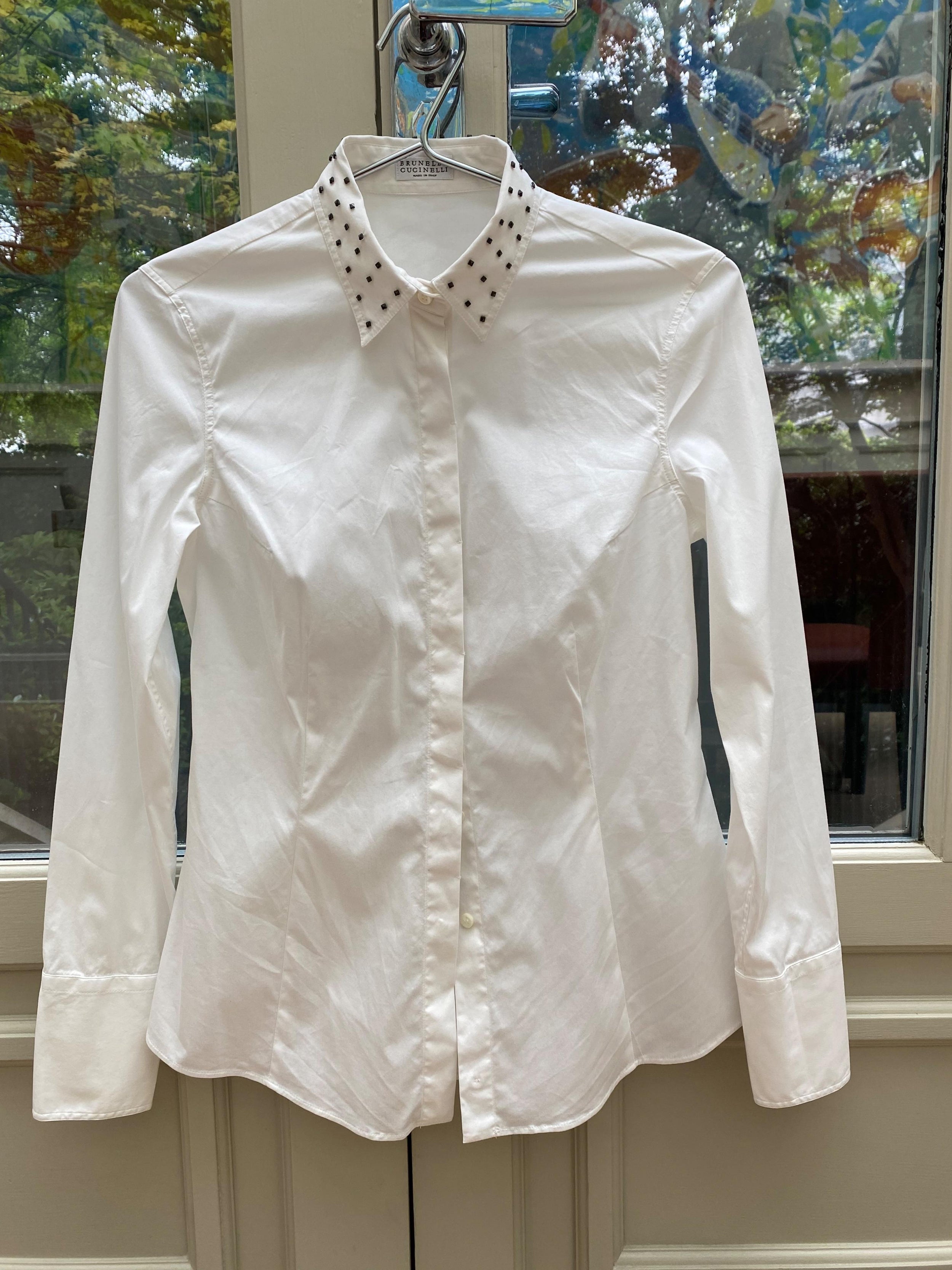 Studded Collar White Cotton Shirt