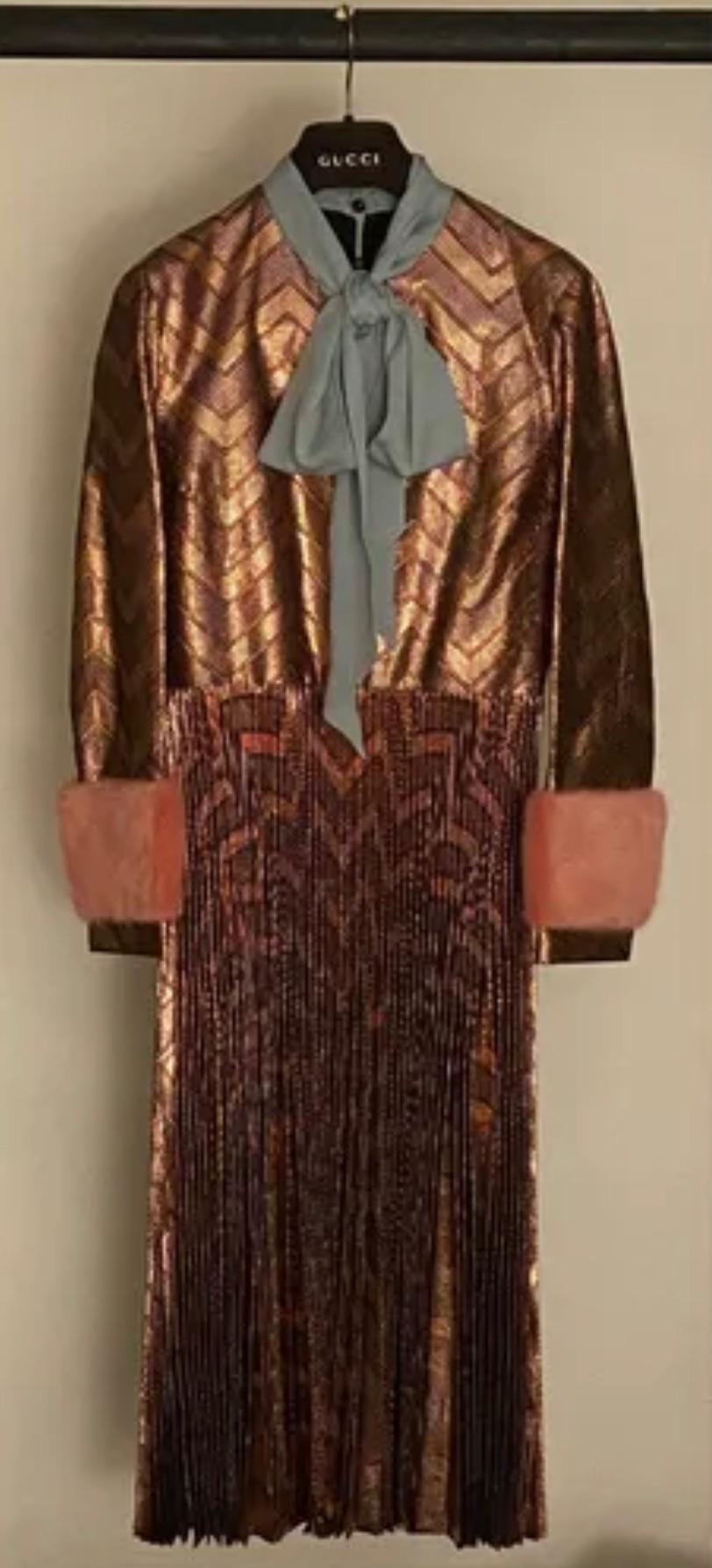Bronze metallic lame pussy-bow dress