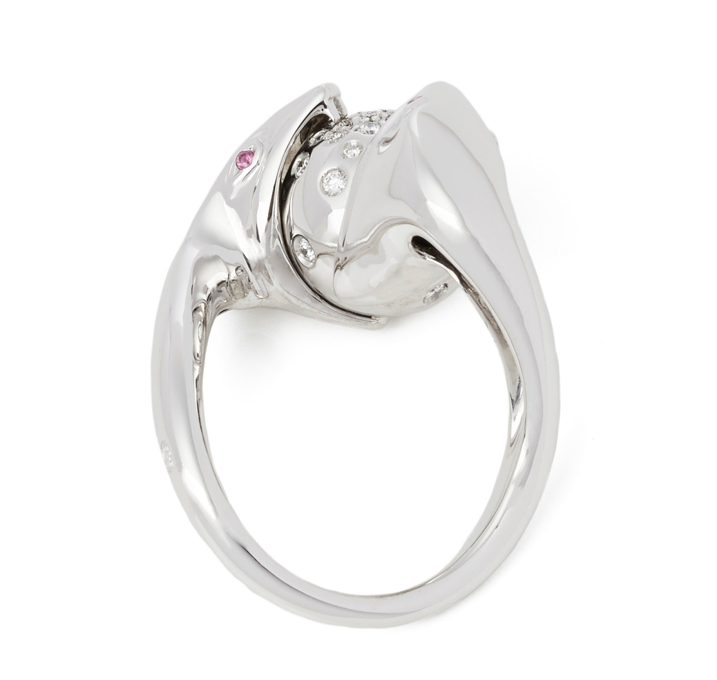 18ct white gold, diamond & ruby Serpent ring 52EU