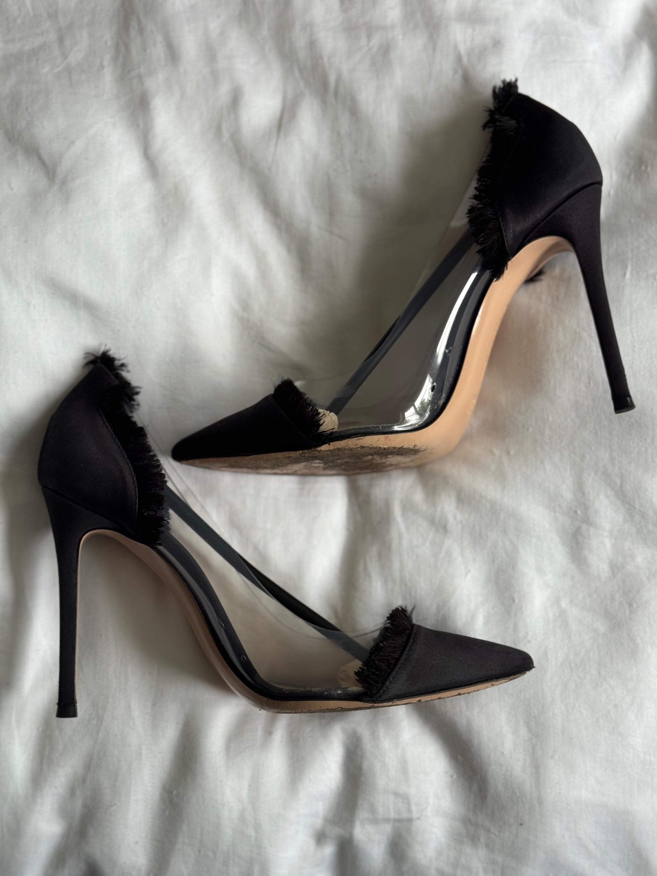 Black Satin Raw Edge Plexi Pumps
