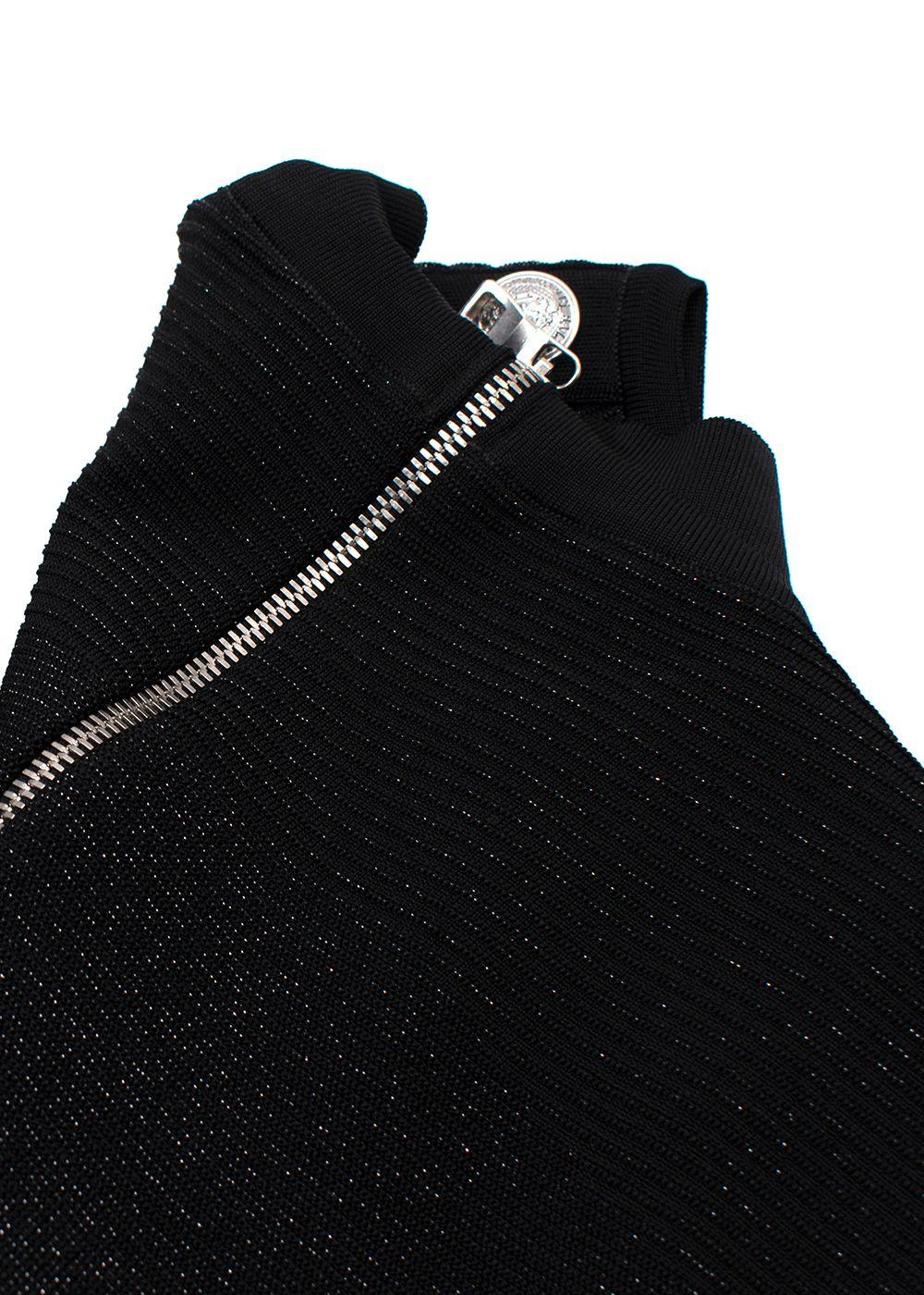 Balmain Black Metallic Ribbed Midi Dress with Silver Button Detail