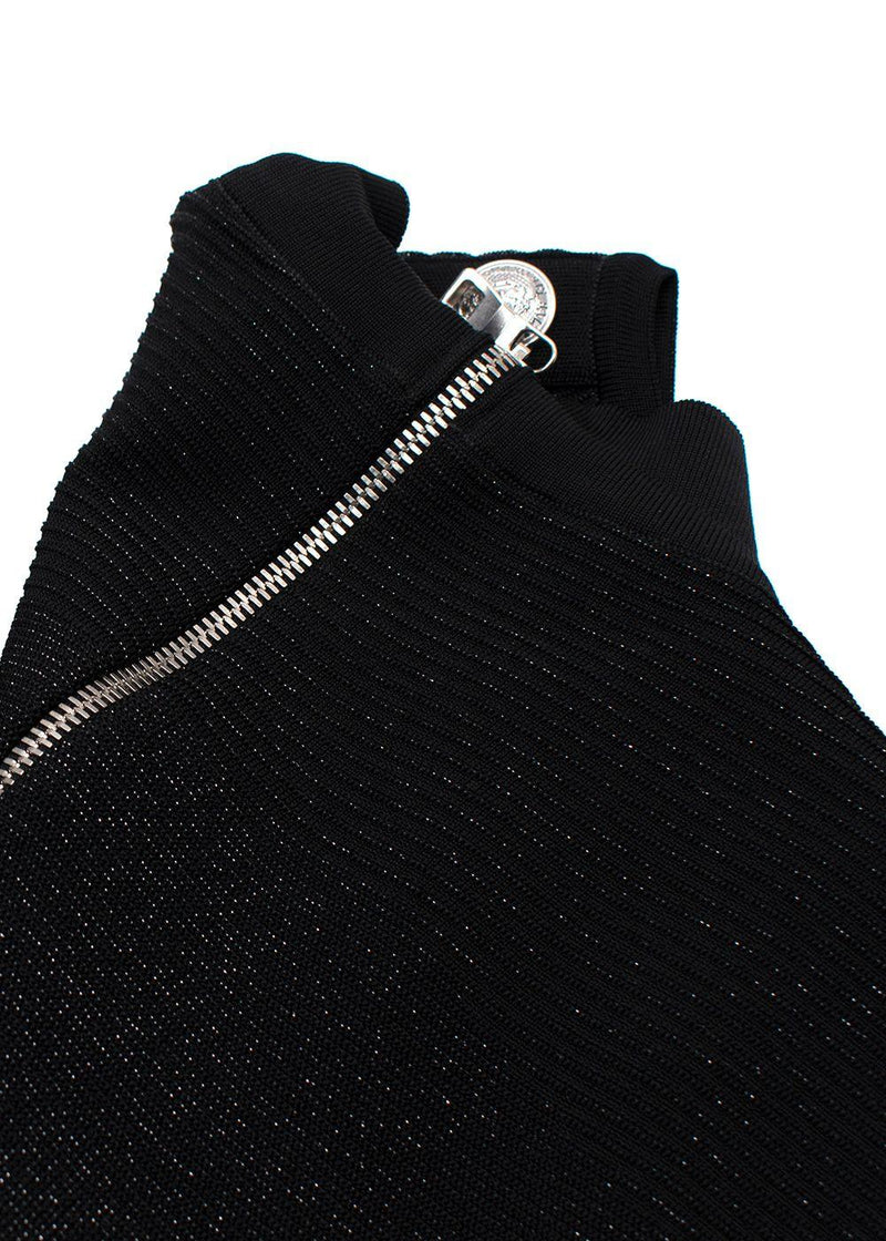 Balmain Black Metallic Ribbed Midi Dress with Silver Button Detail