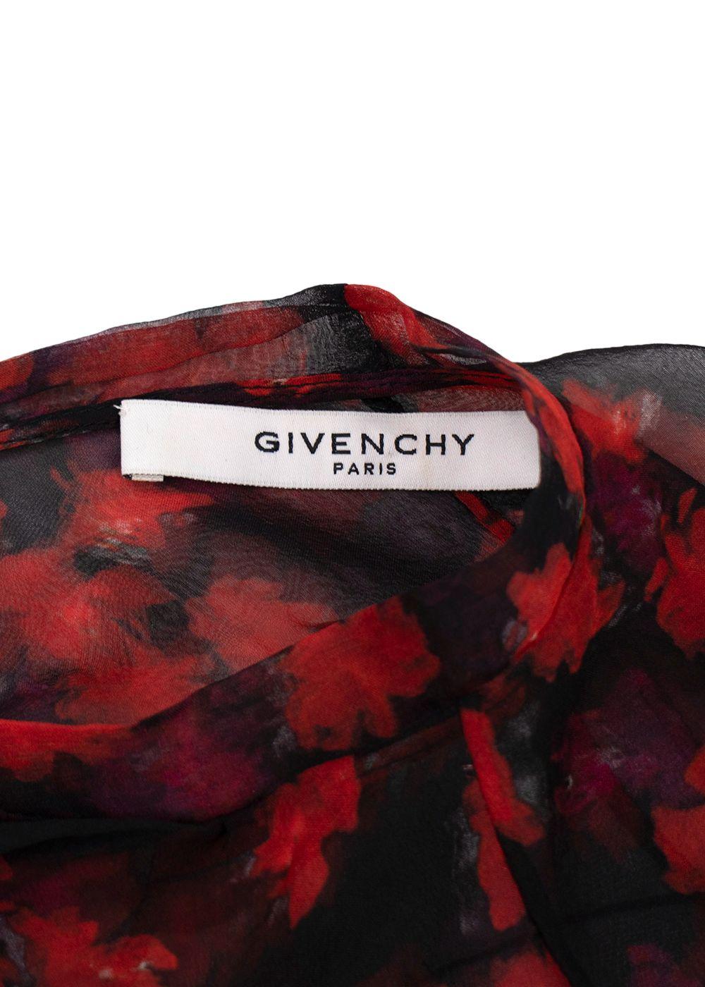 Givenchy Red and Black Floral Sheer Silk Blouse