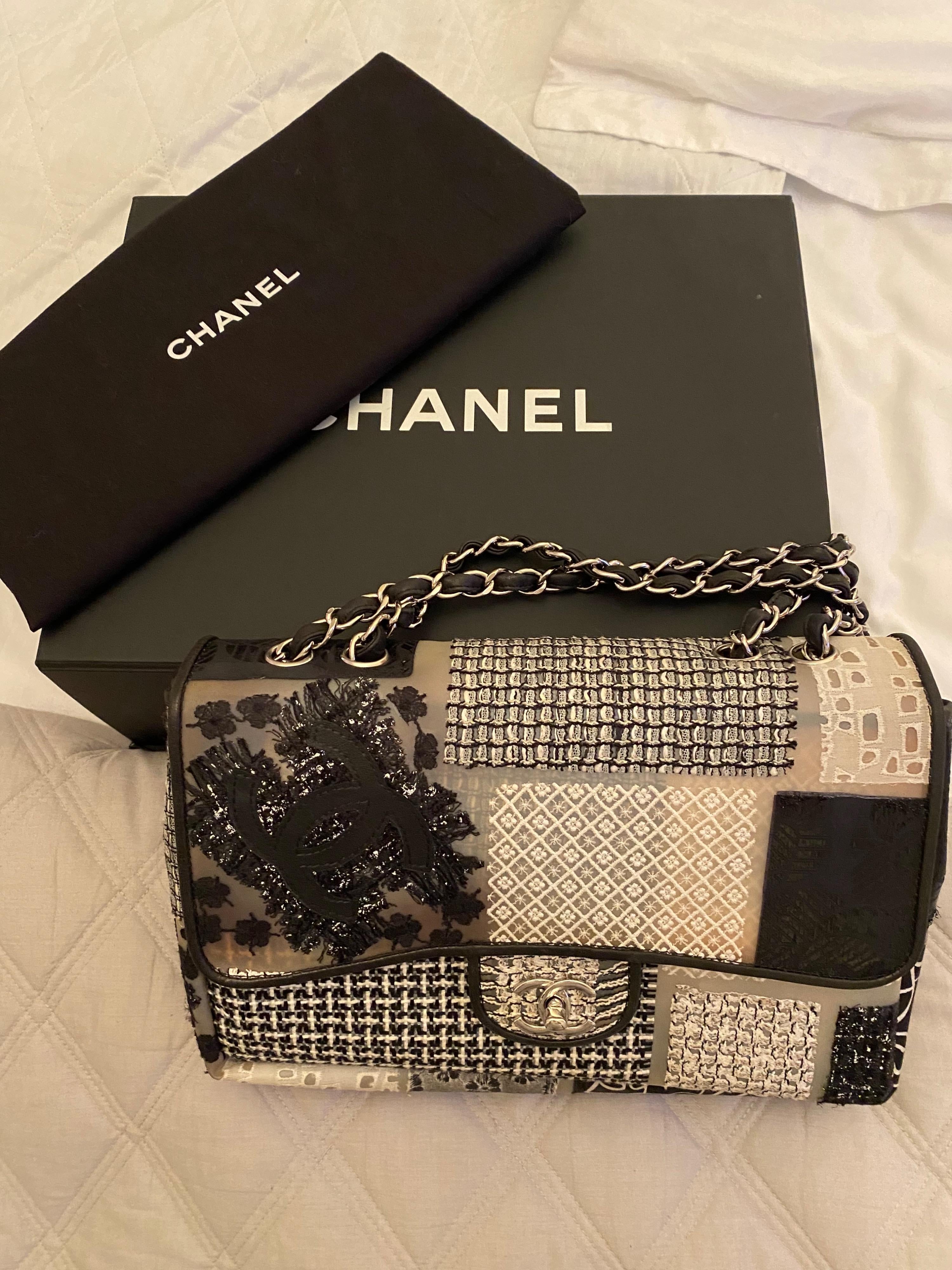 CC PVC Patchwork Embroidered Flap Bag