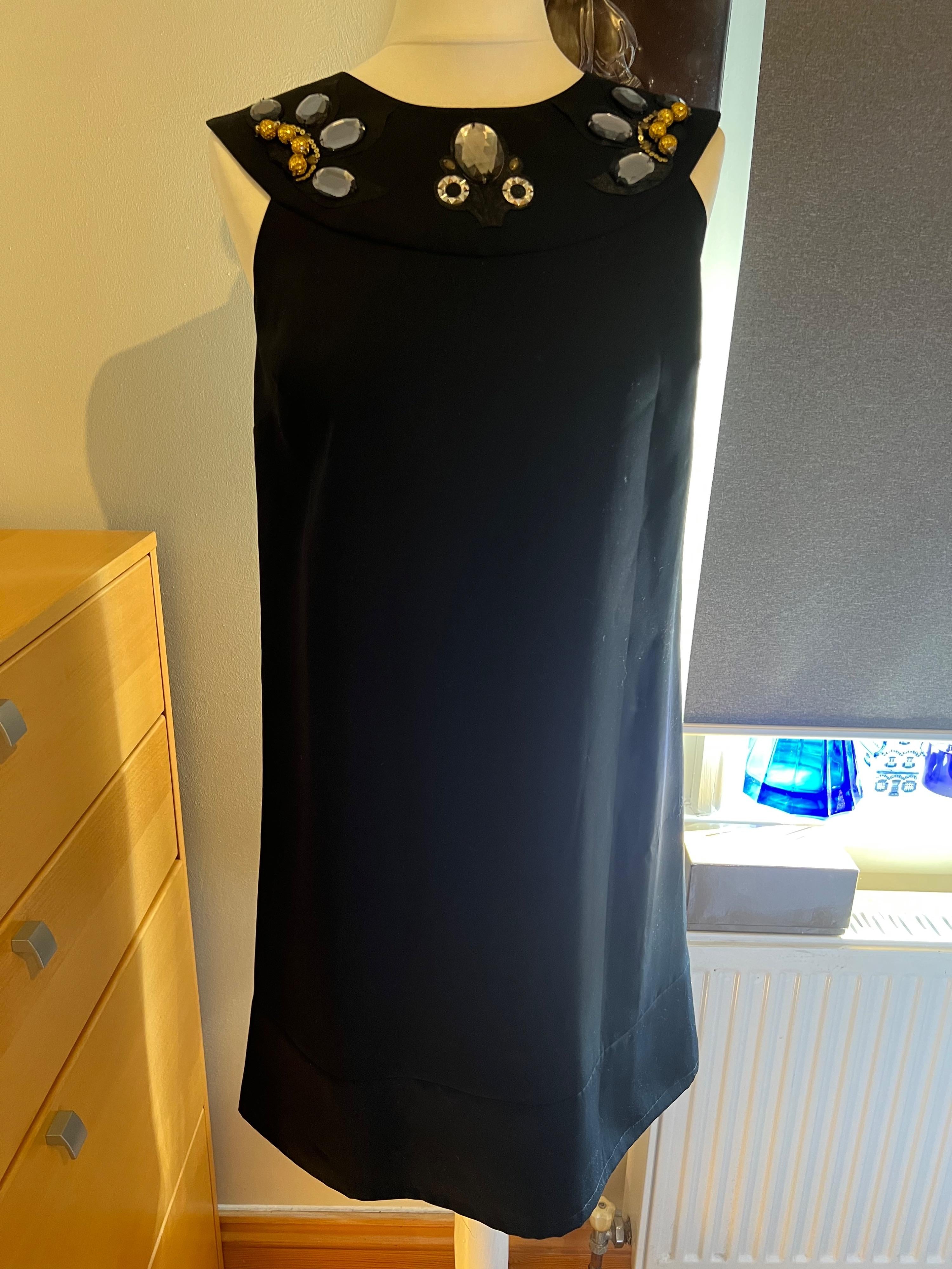 Black crepe embellished neckline shift dress