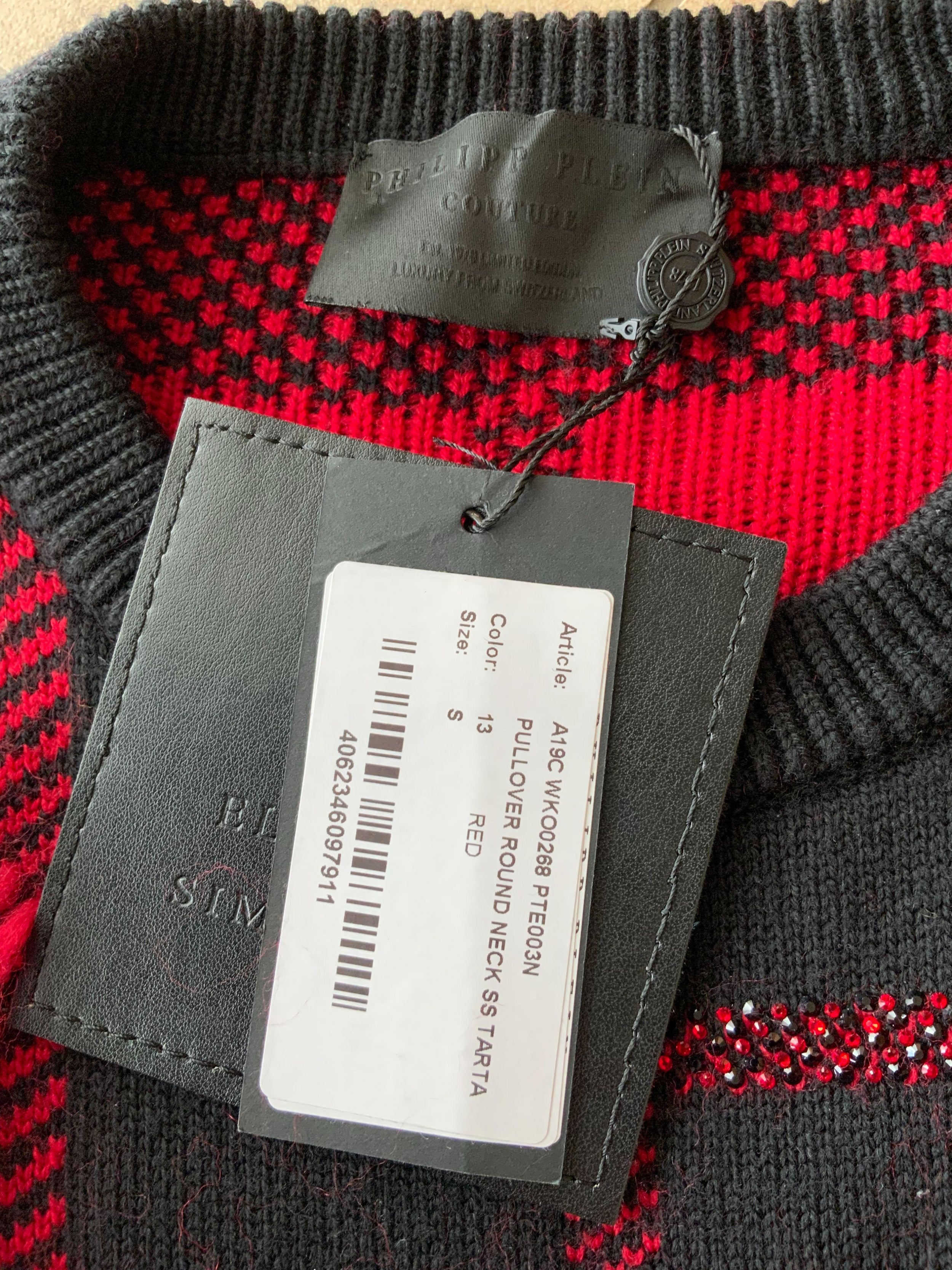 Red & Black Plaid Knit Crystal Embellished Sweater Dress