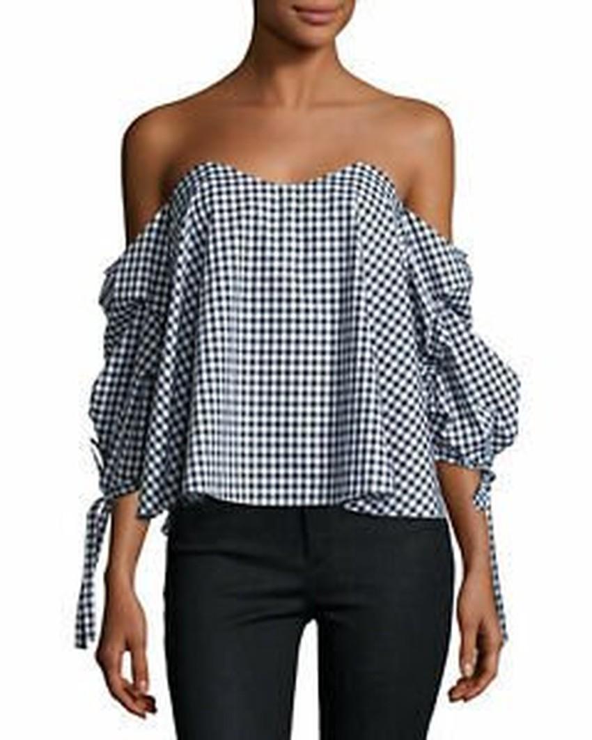 Caroline Constas Black Gingham Gabriella Bardot Top