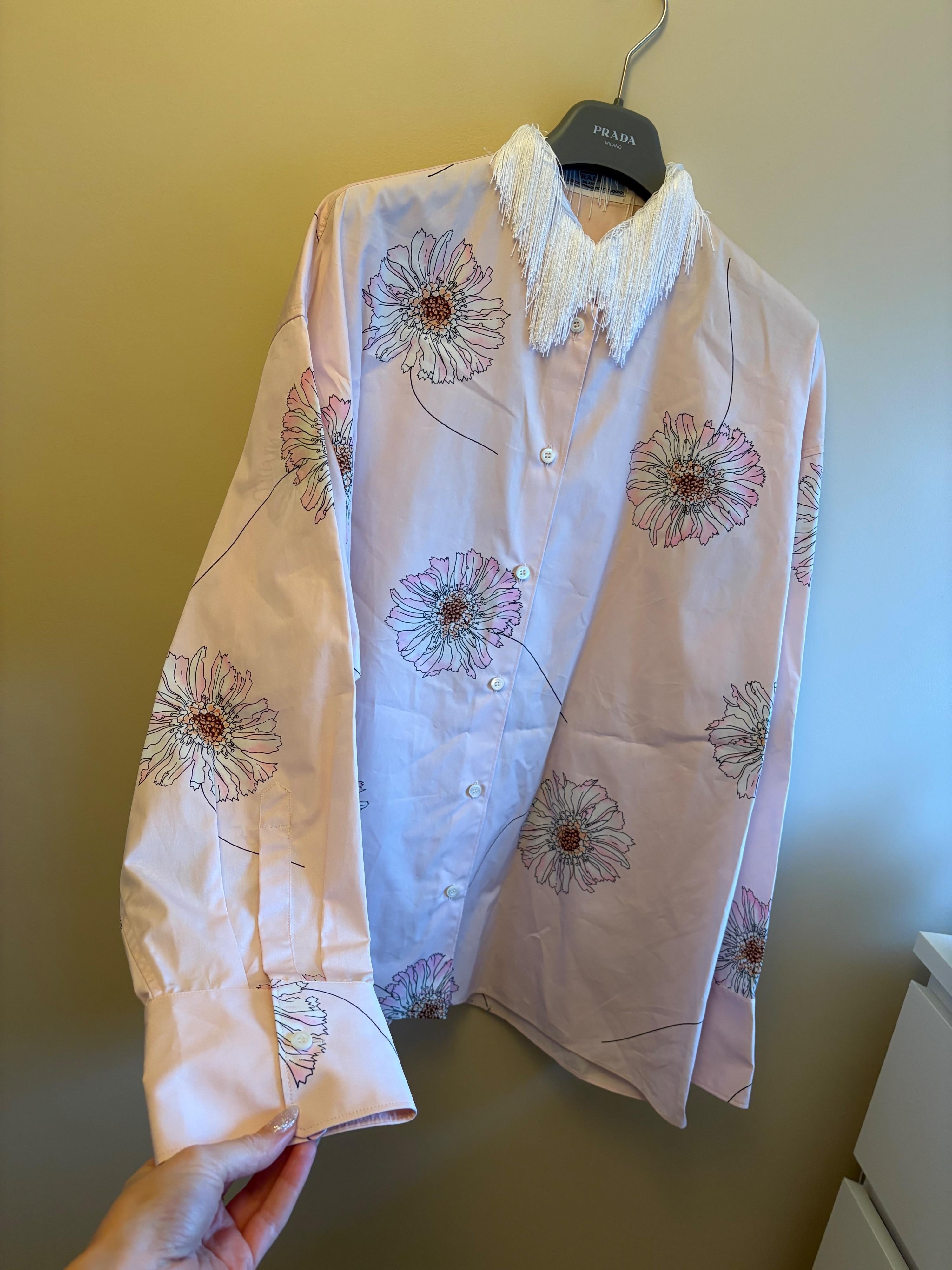 Prada Gerbera Print Fringe Collar Cotton Shirt