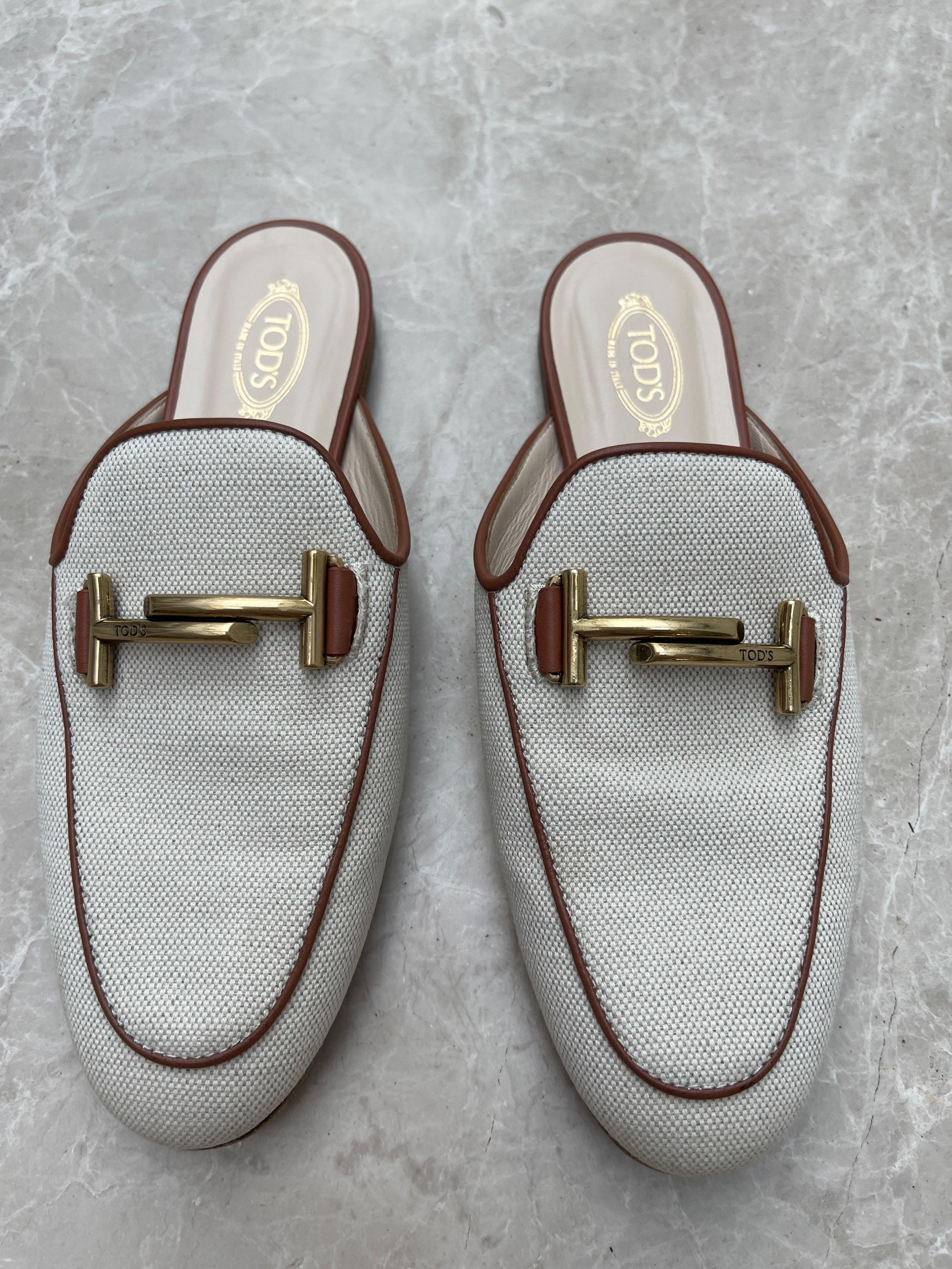 Ivory Canvas & Tan Leather Backless Loafers
