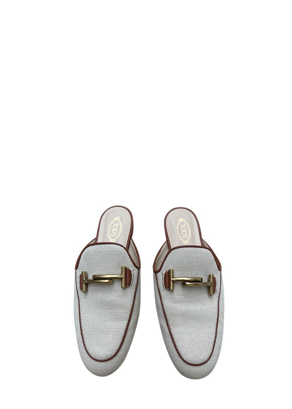 Ivory Canvas & Tan Leather Backless Loafers