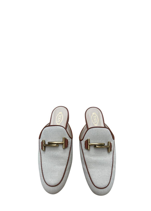 Ivory Canvas & Tan Leather Backless Loafers