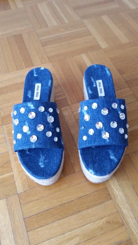 Miu Miu Crystal Embellished Distressed Denim Platform Mules