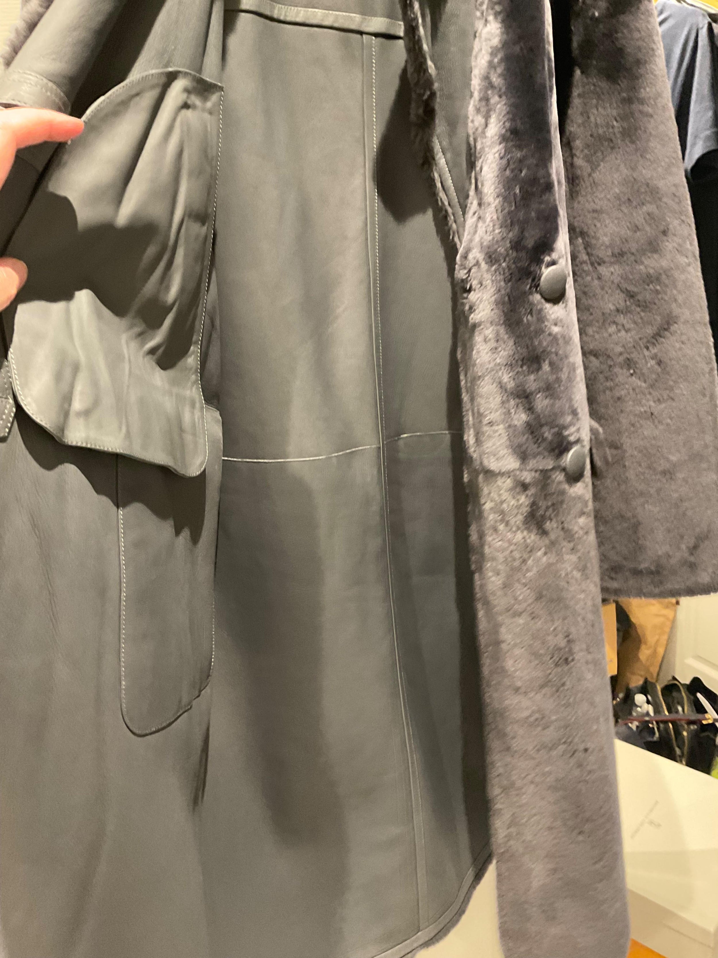 Yves Salomon Relaxed Style Grey Lamb Shearling Coat