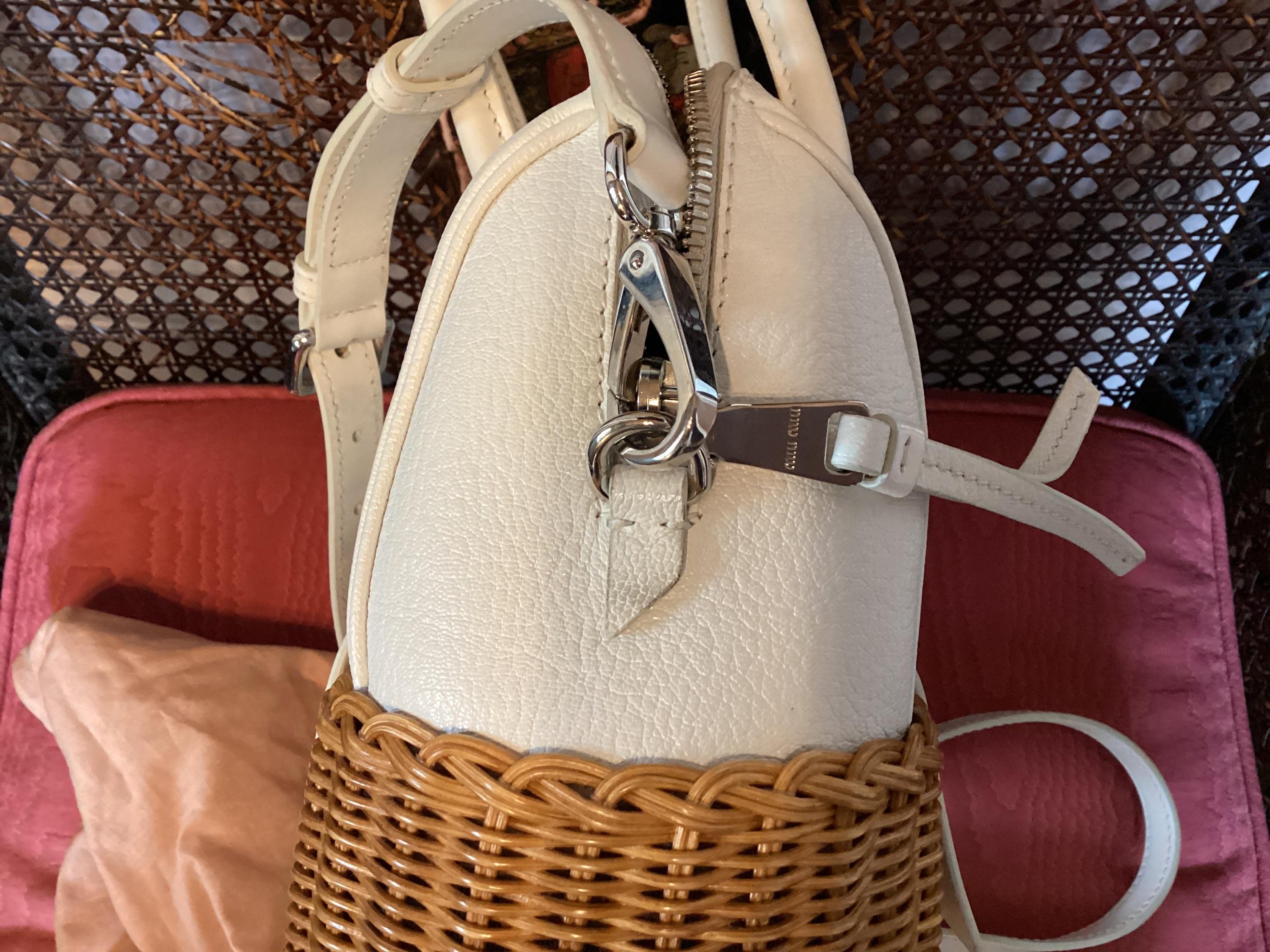 Miu Miu White Midollino Leather and Raffia Top Handle Bag