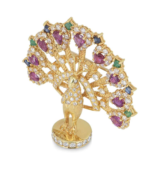 Bespoke Yellow Gold Diamond, Ruby, Sapphire & Emerald Peacock Brooch