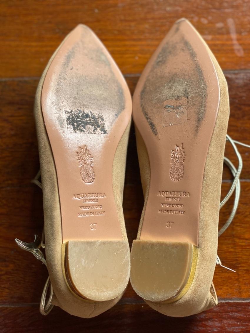 Aquazzura X Poppy Delevingne nude suede flats
