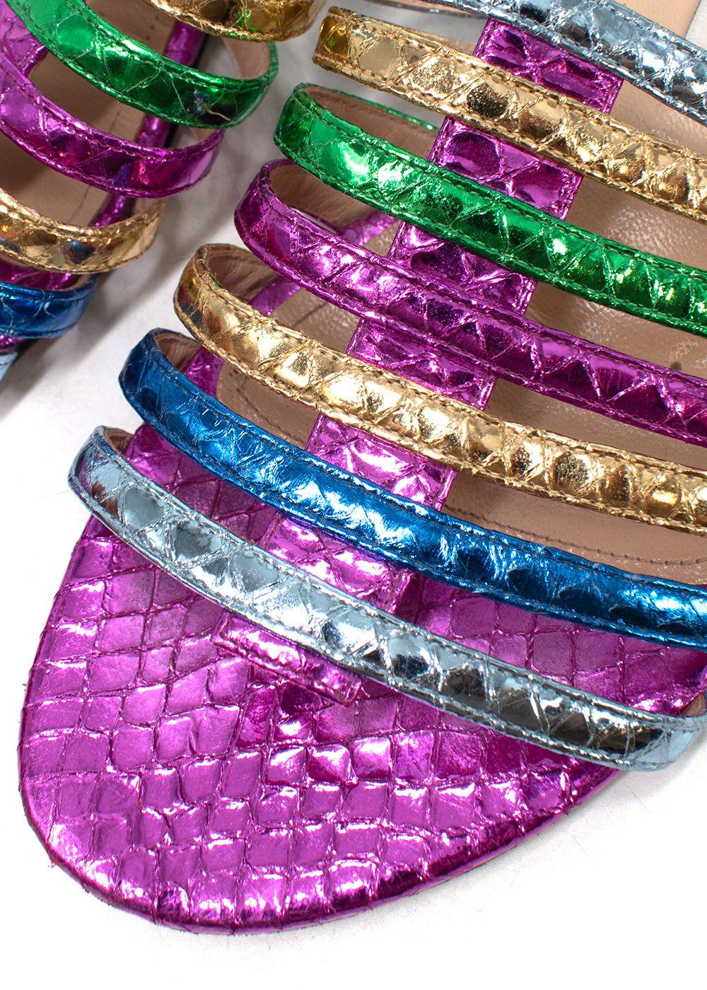 Metallic Rainbow Snake Embossed Lace-up Flat Sandals