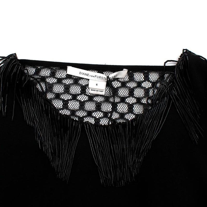 Diane von Furstenberg Black Fringed Embellished Lace Back Dress