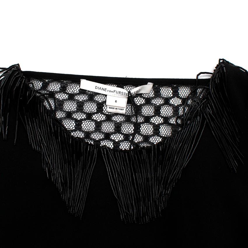 Diane von Furstenberg Black Fringed Embellished Lace Back Dress