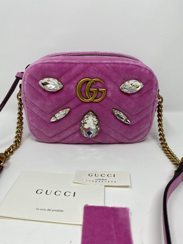 Gucci Pink Quilted Velvet and Marquise Crystal Mini GG Bag