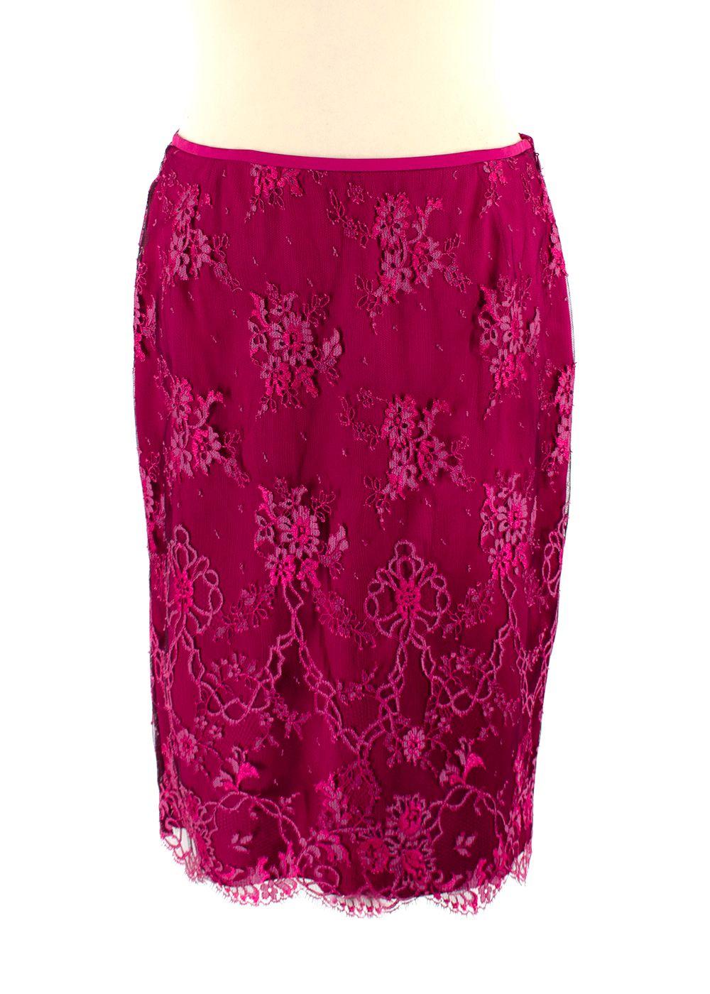 Escada Cherry Lace Mink Fur Trimmed Silk Lace Top and Skirt