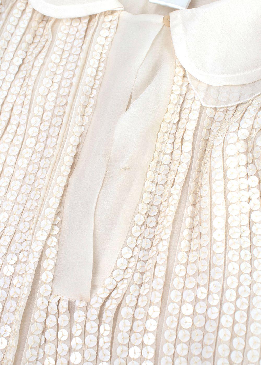 Chloe Ecru Sequin Embroidered Silk Pleated Dress