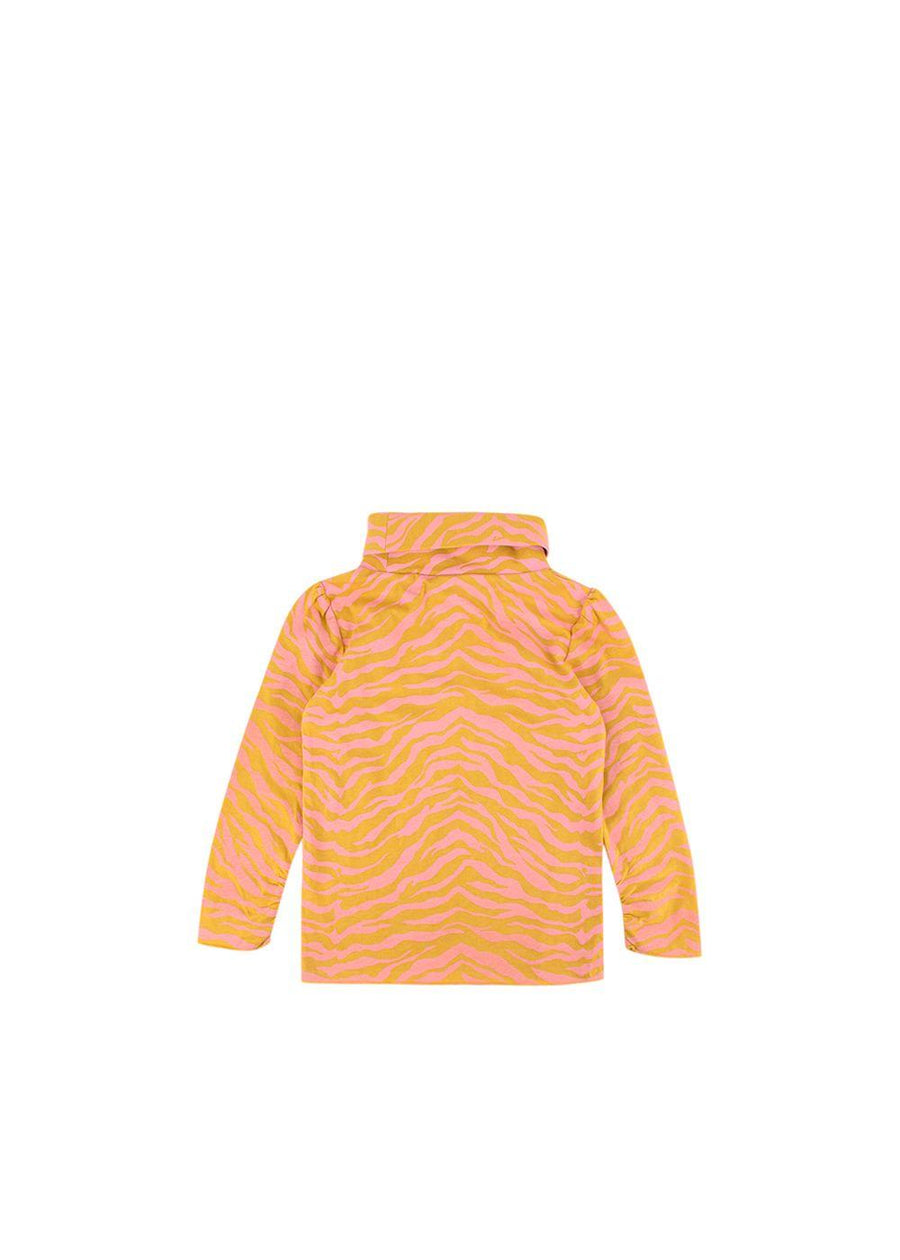 Orange And Pink Cotton Tiger Print Polo -Neck Top
