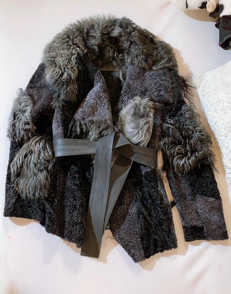 Donna Karan Leather Trimmed Patchwork Shearling Coat