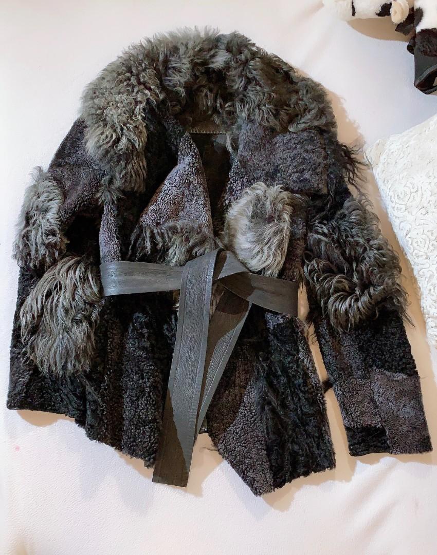 Donna Karan Leather Trimmed Patchwork Shearling Coat