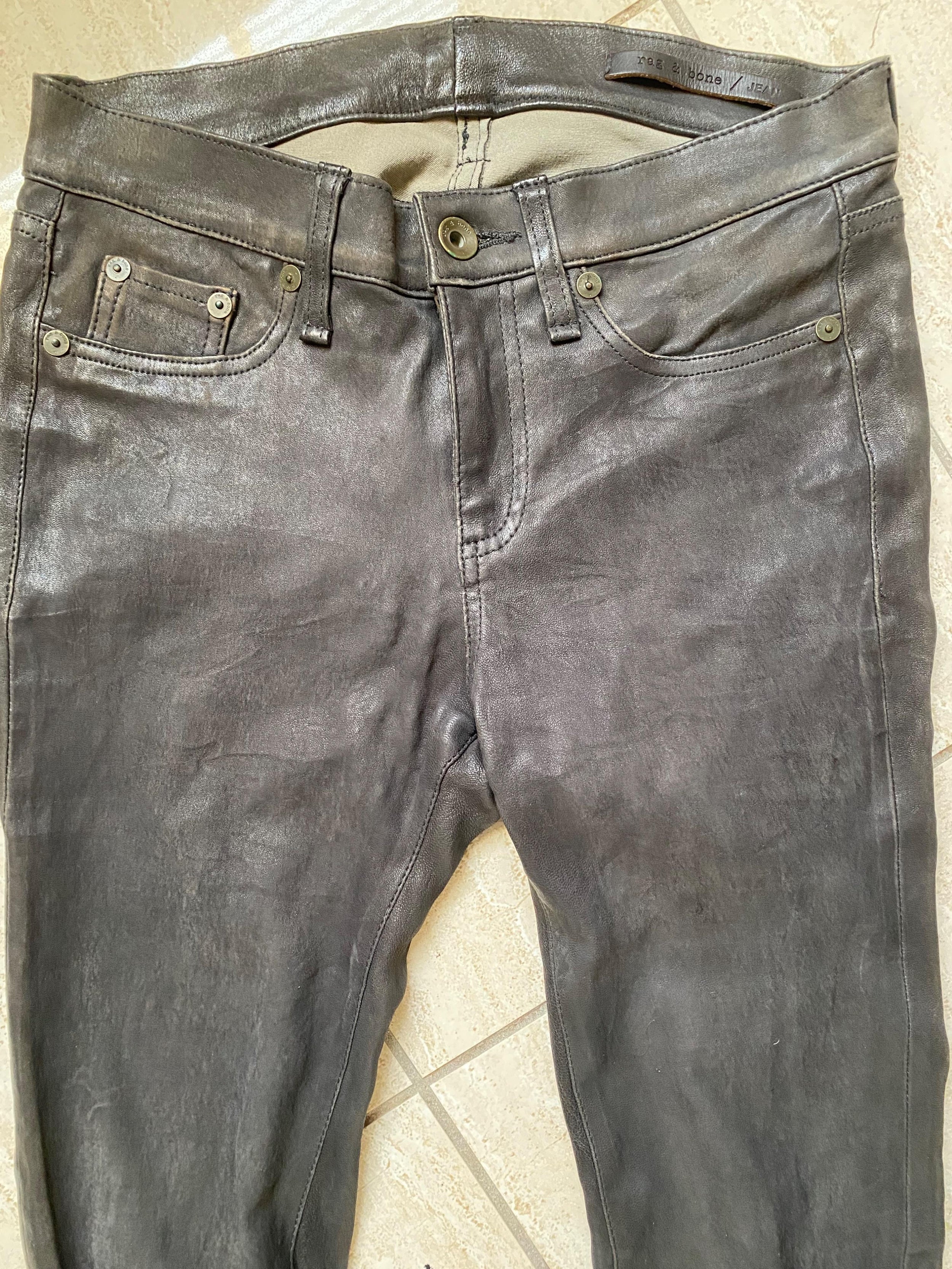 Grey Stretch Leather Trousers