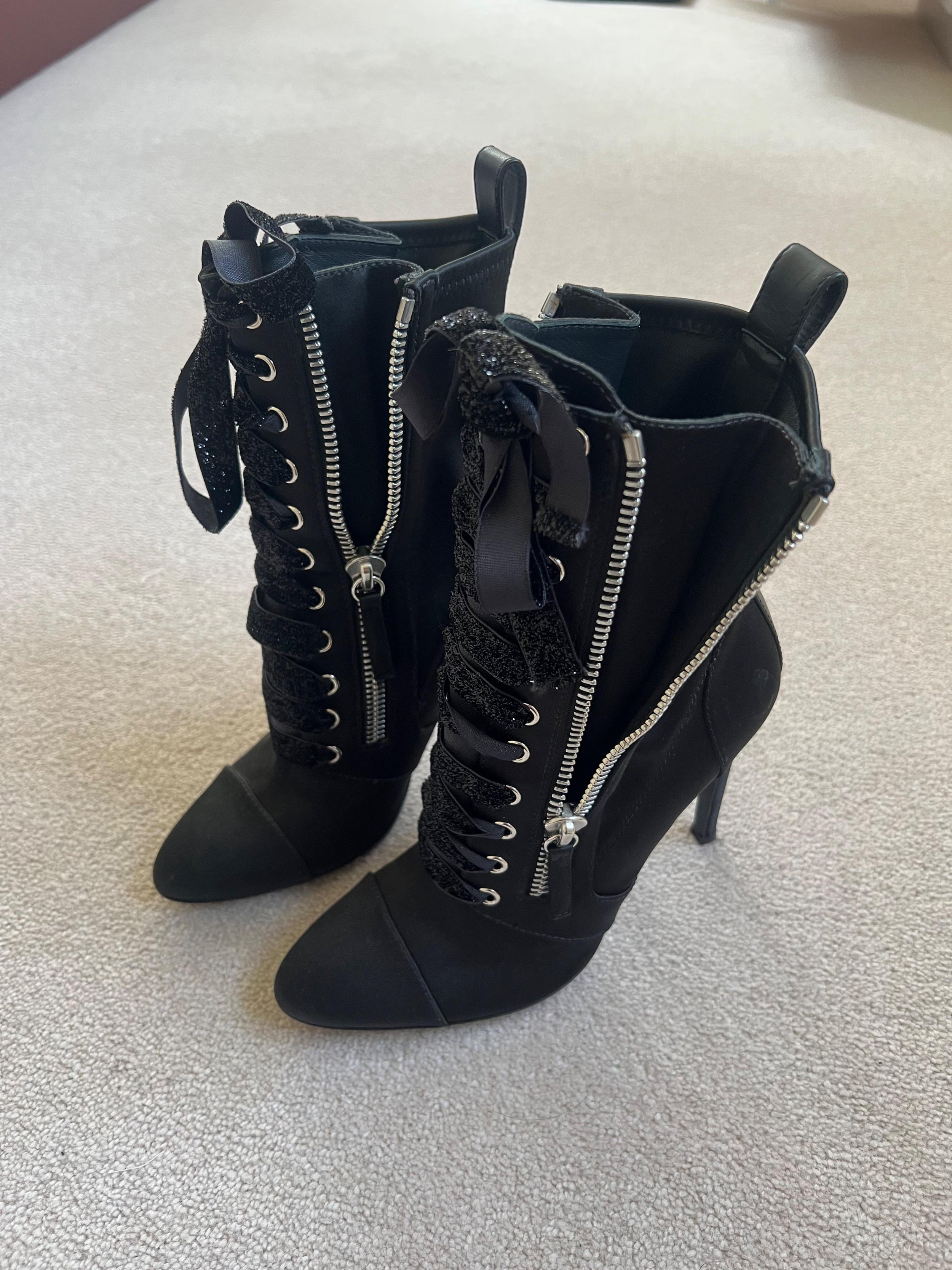 Black Twill Lace Up Heeled Booties