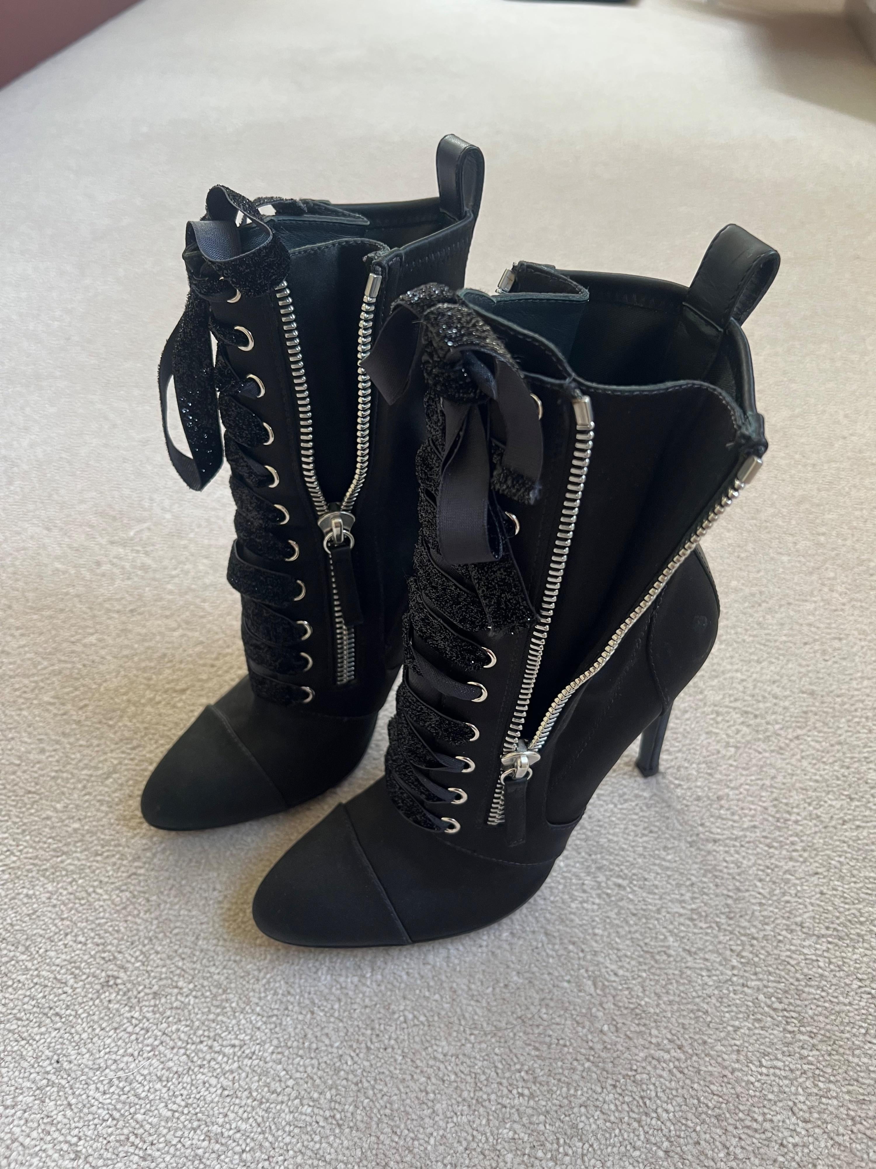 Black Twill Lace Up Heeled Booties