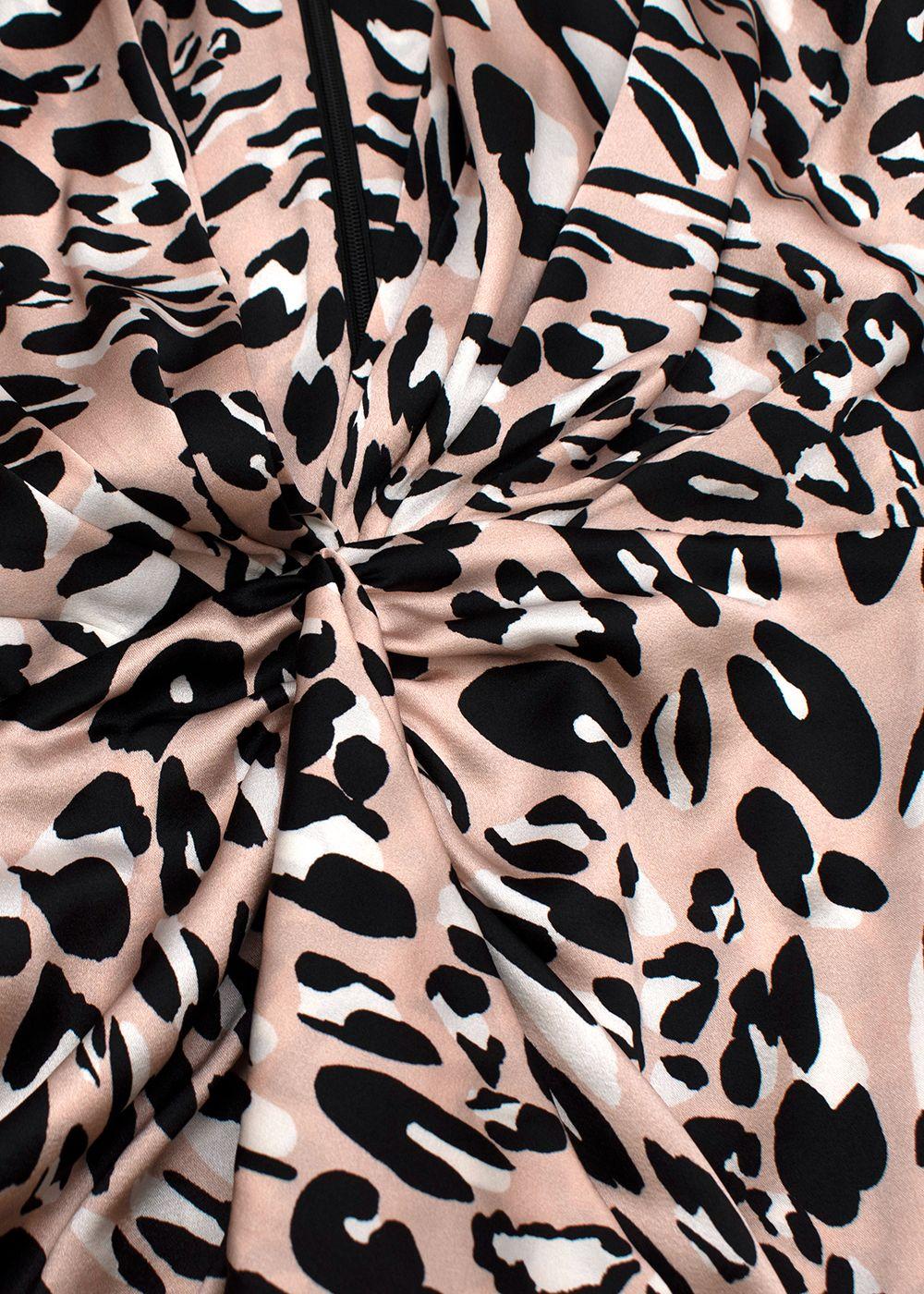 pink leopard print silk draped mini dress